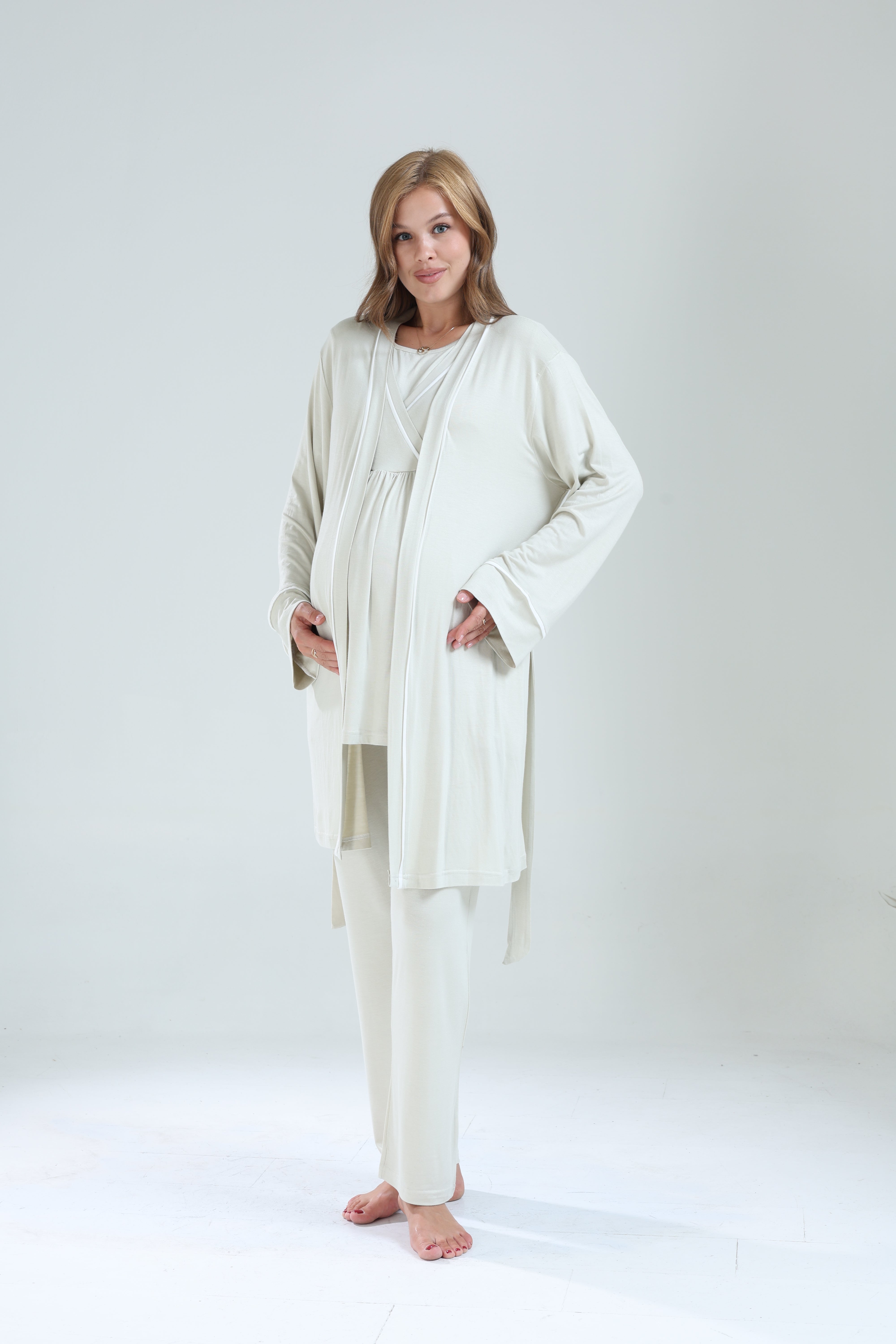 Mint Yeşili Biyeli Sabahlıklı Kruvaze Lohusa Pijama Takımı - 529