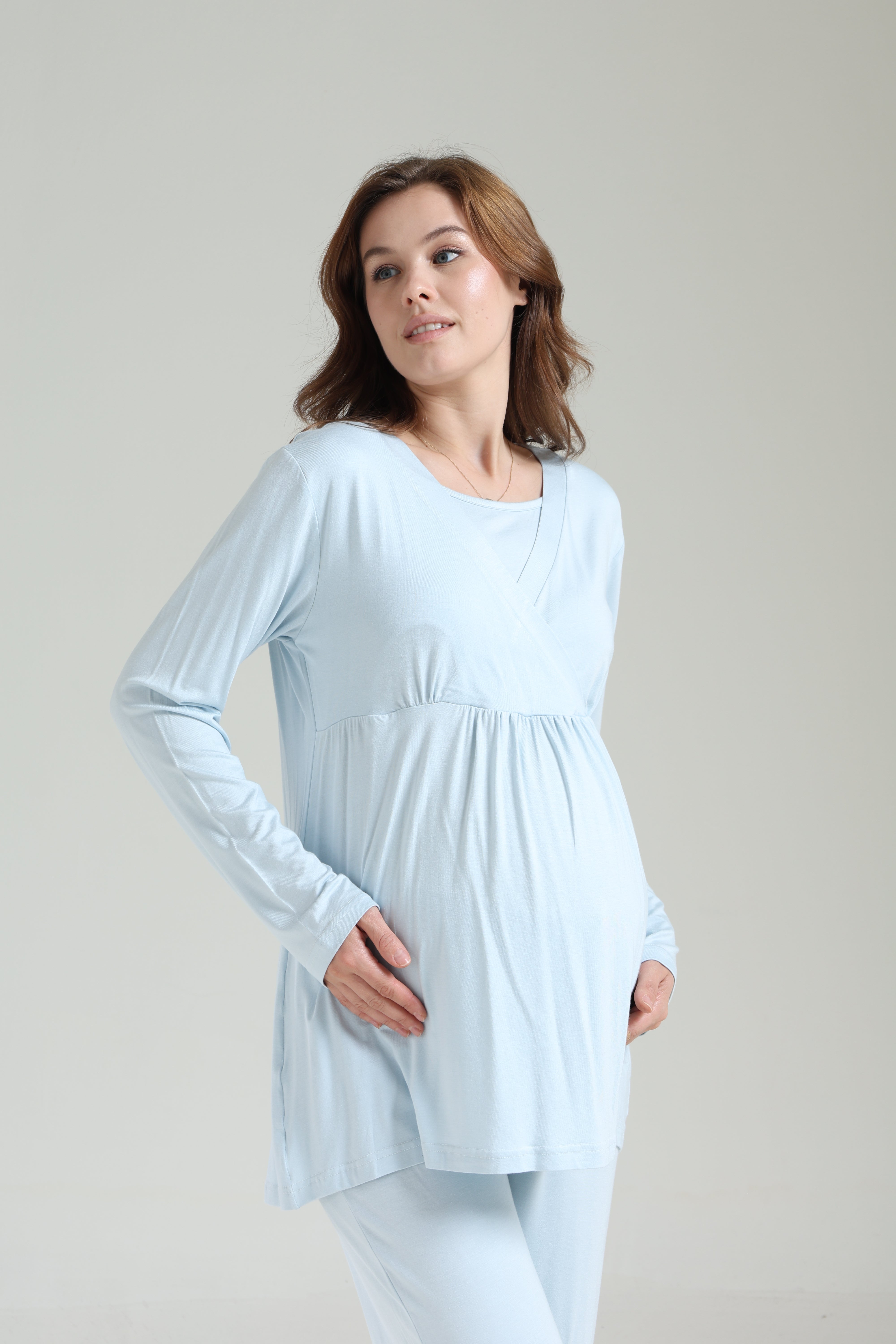 Mavi Kışlık Bebe Yaka Sabahlıklı Kruvaze Lohusa Pijama Takımı 1039