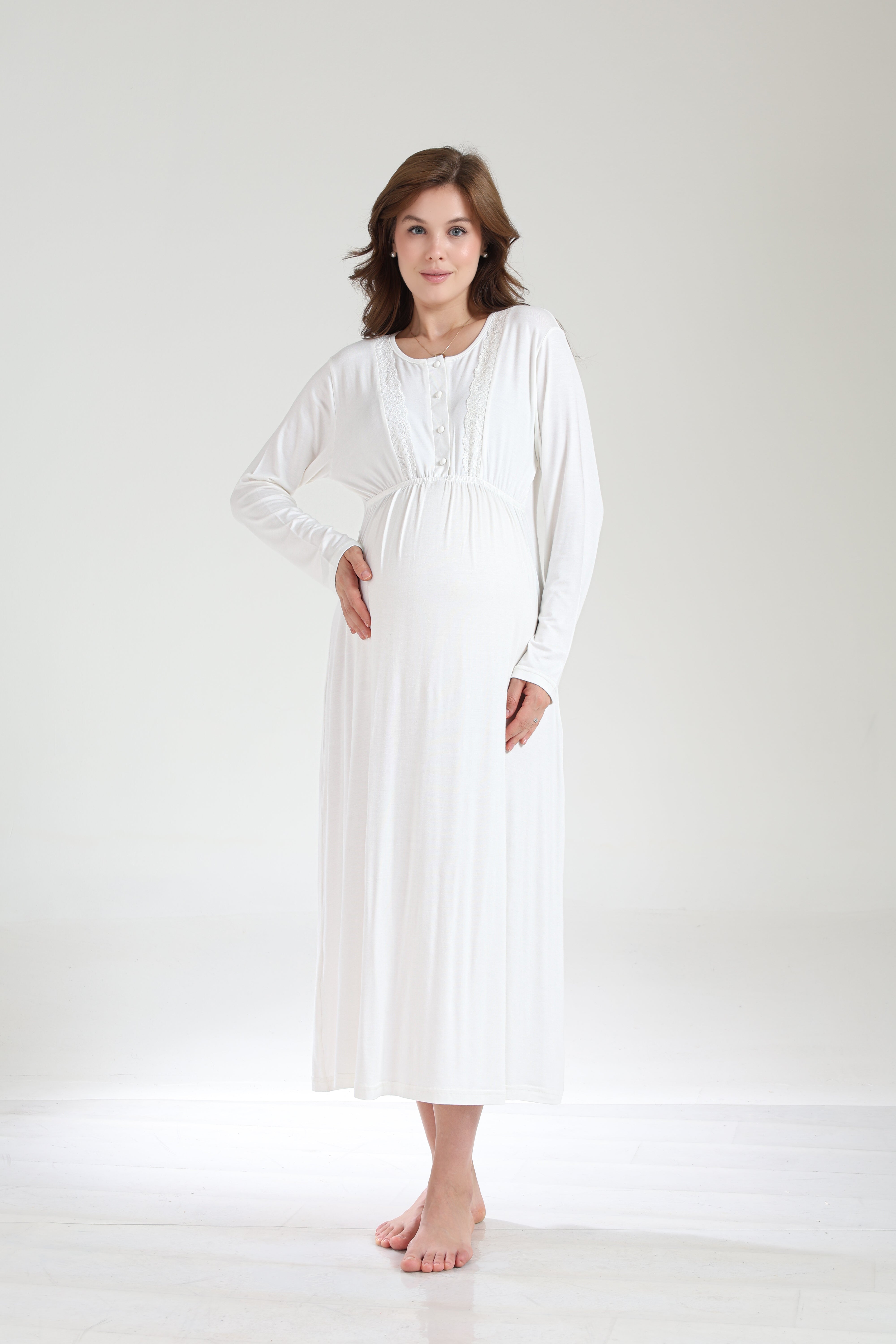 Ekru Jakar Sabahlıklı Kışlık Yumuşak Dokulu Lohusa Gecelik Takımı -1034