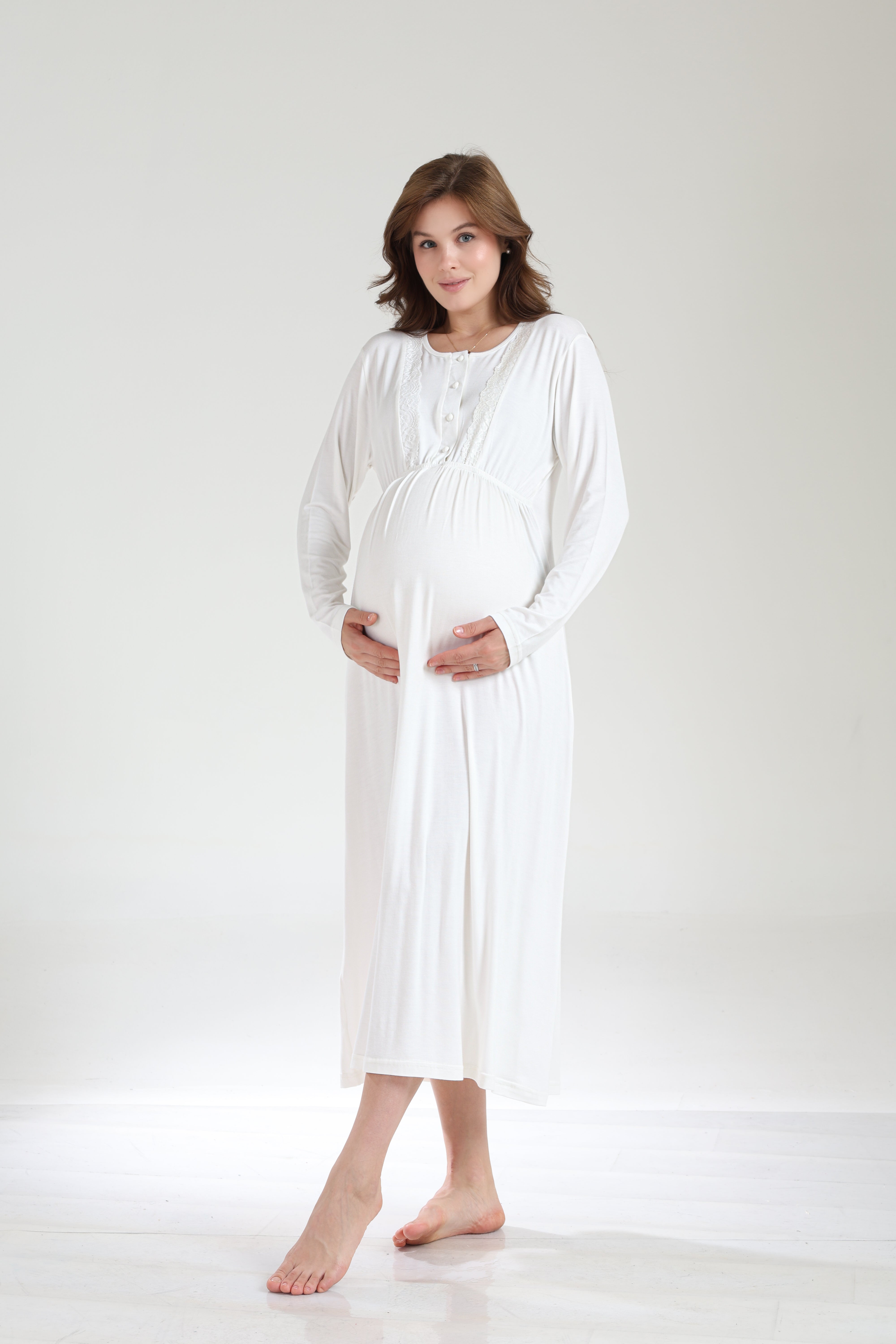 Ekru Jakar Sabahlıklı Kışlık Yumuşak Dokulu Lohusa Gecelik Takımı -1034