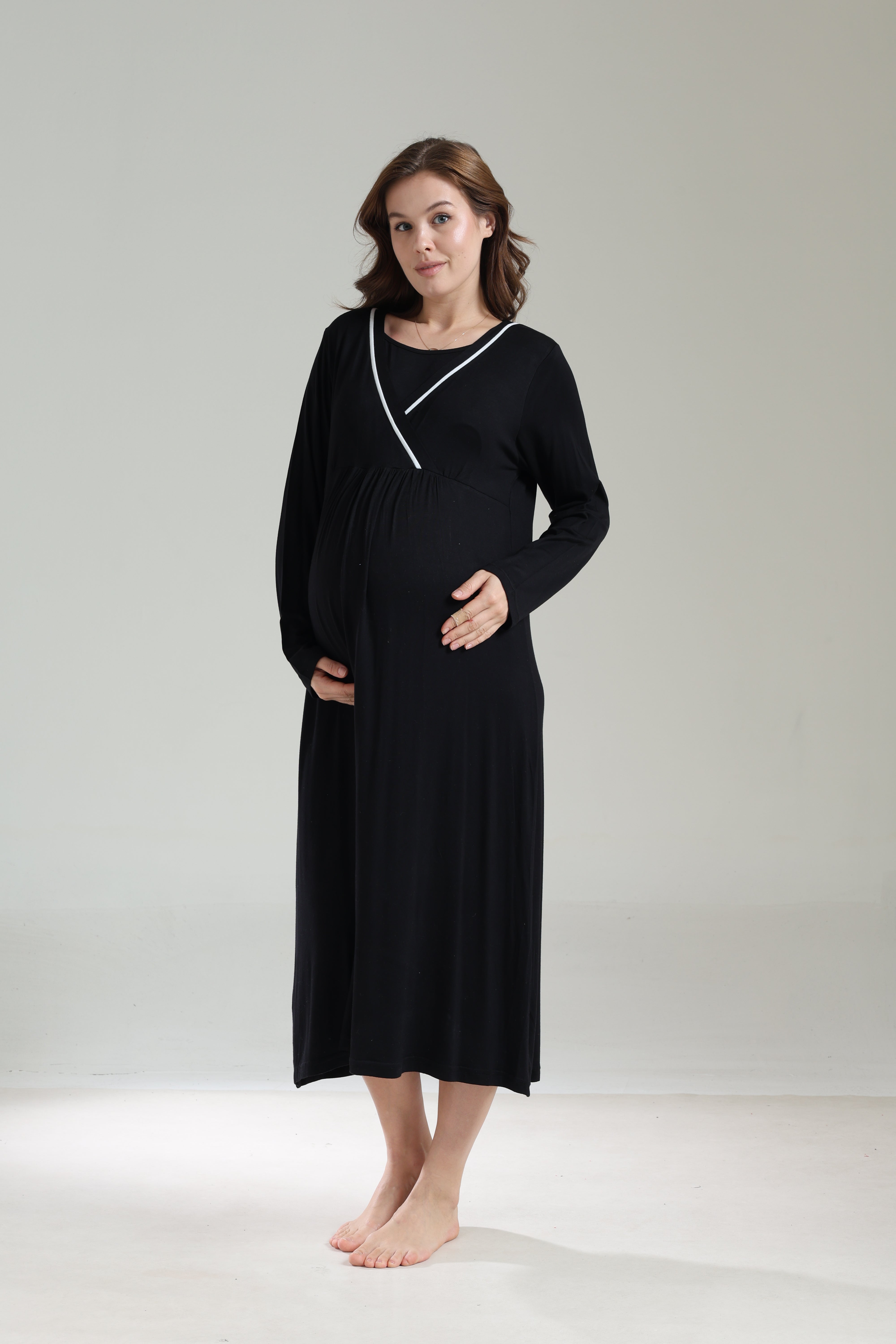 Uzun Kollu Siyah Biyeli Kruvaze Sabahlıklı Lohusa Gecelik Takımı - 1041