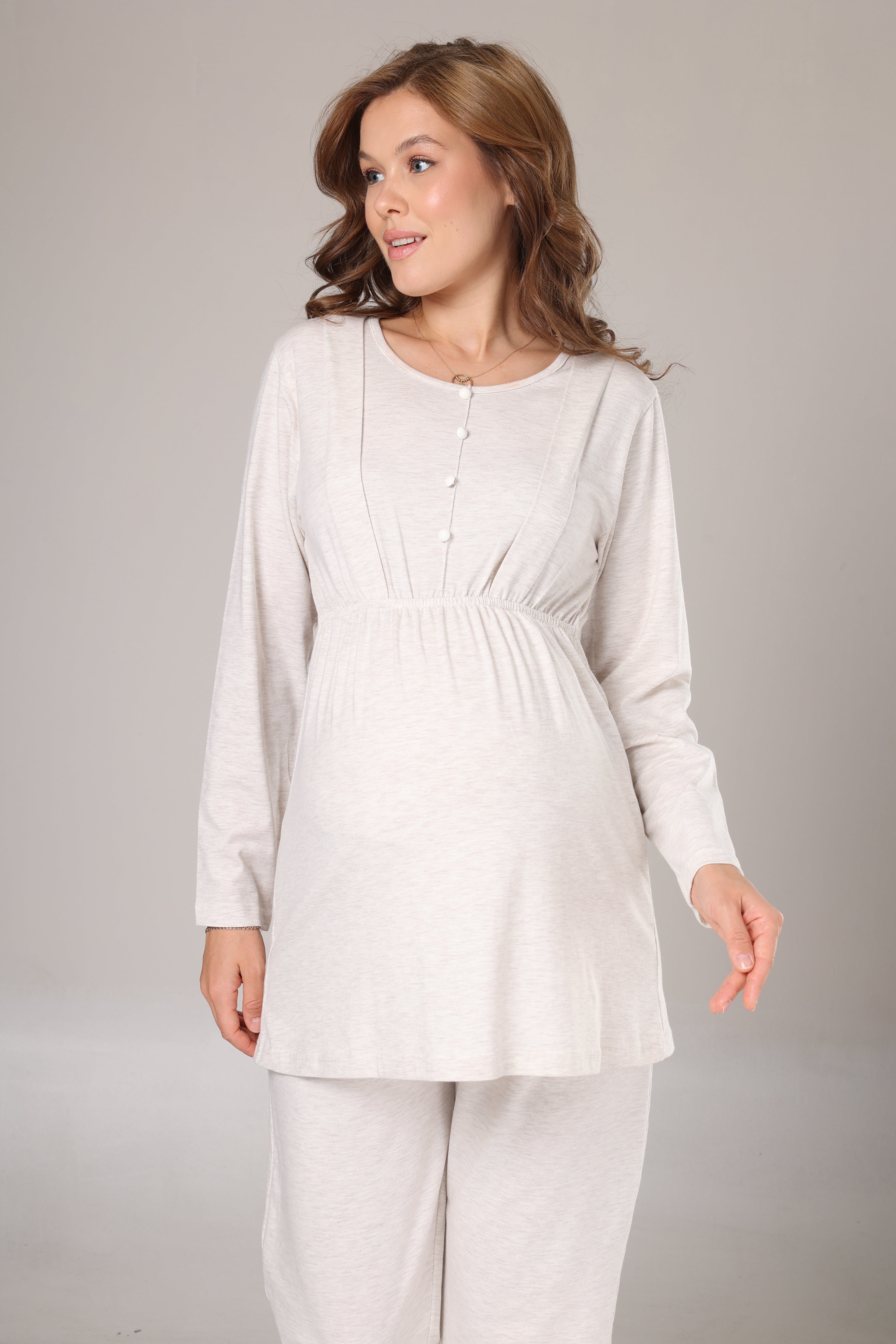 Bej Yumuşak Dokulu Şal Yaka Sabahlıklı Lohusa Pijama Takımı-1002