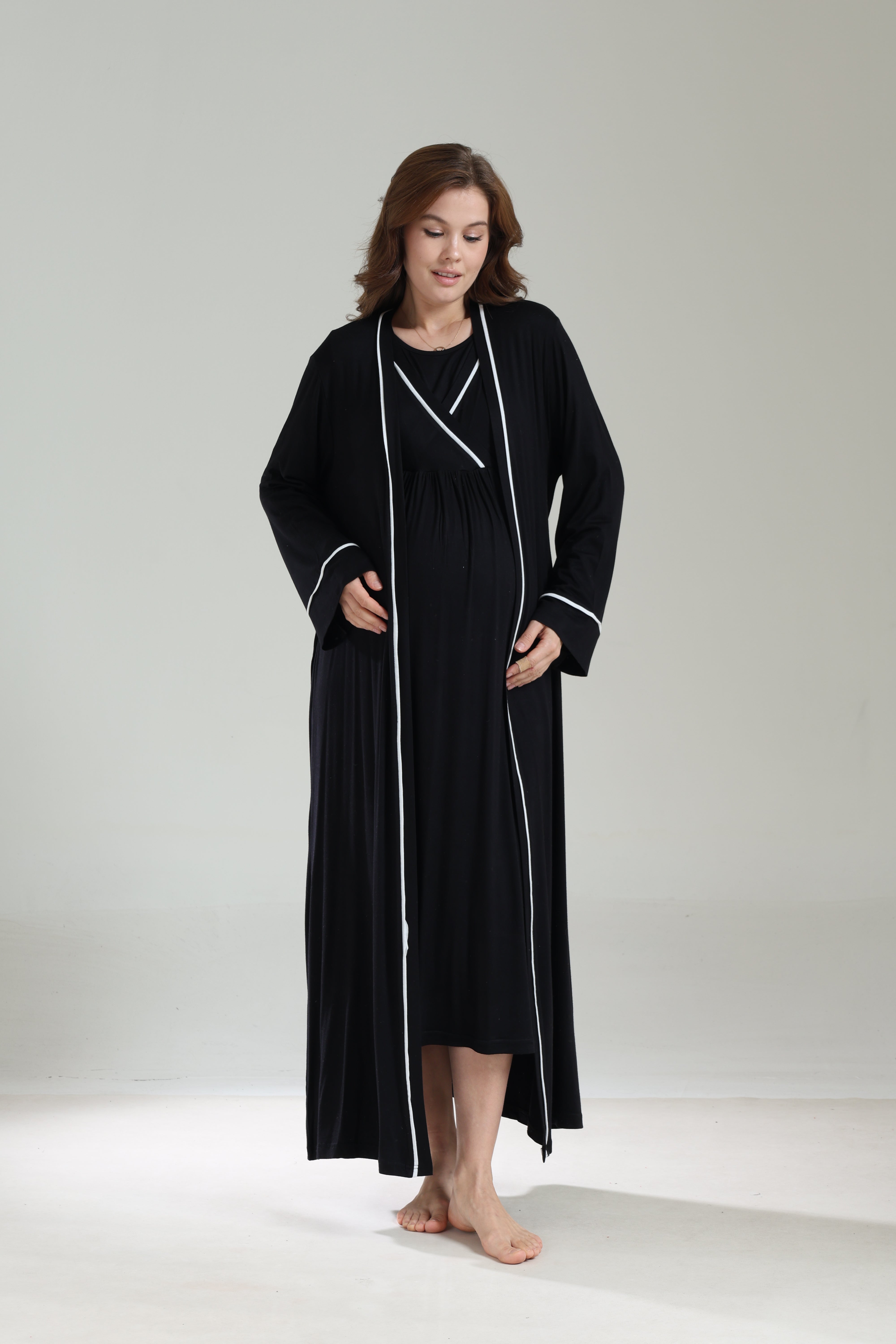 Uzun Kollu Siyah Biyeli Kruvaze Sabahlıklı Lohusa Gecelik Takımı - 1041