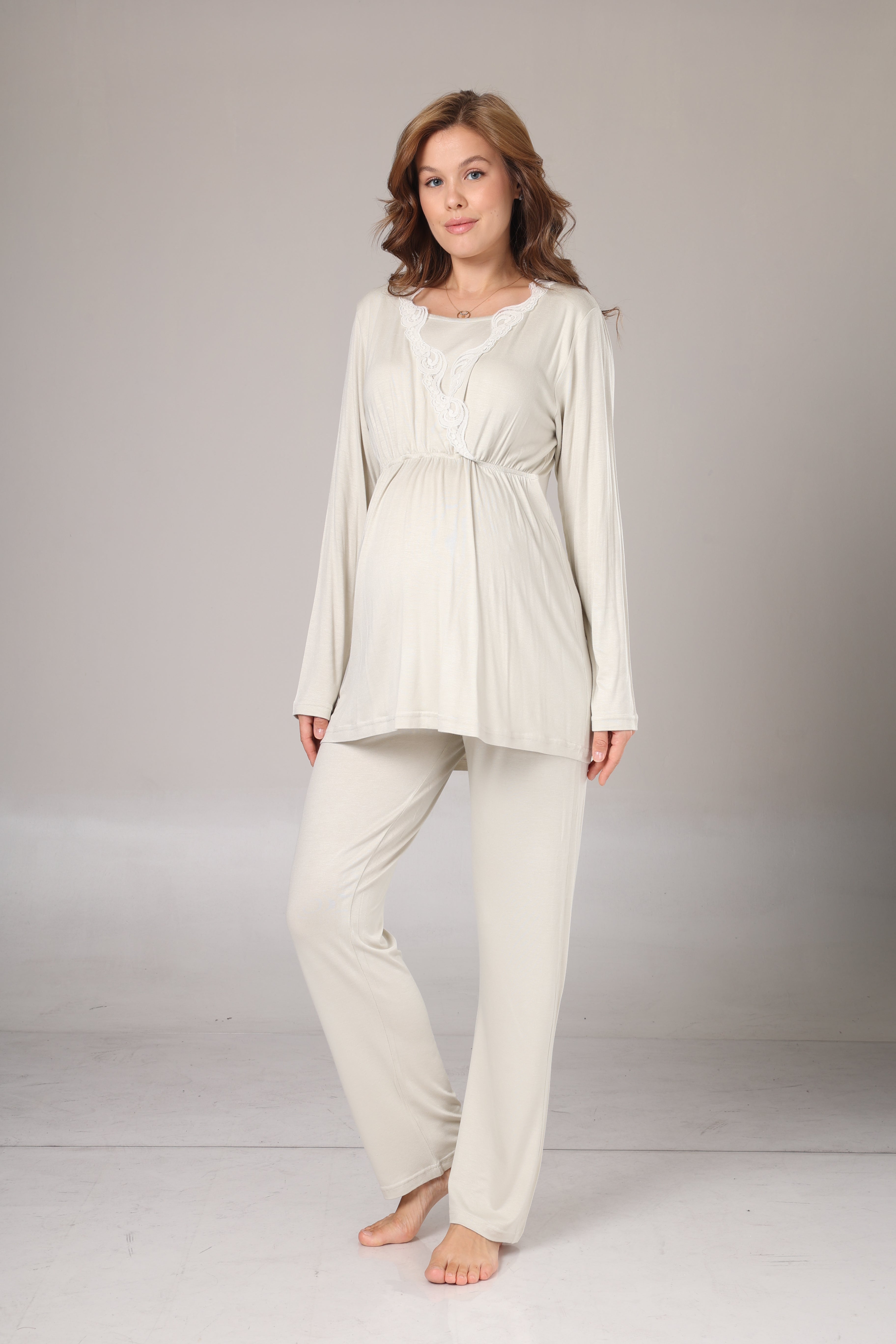 Kışlık Yeşil Welsoft Sabahlıklı Lohusa Pijama Takımı-1003