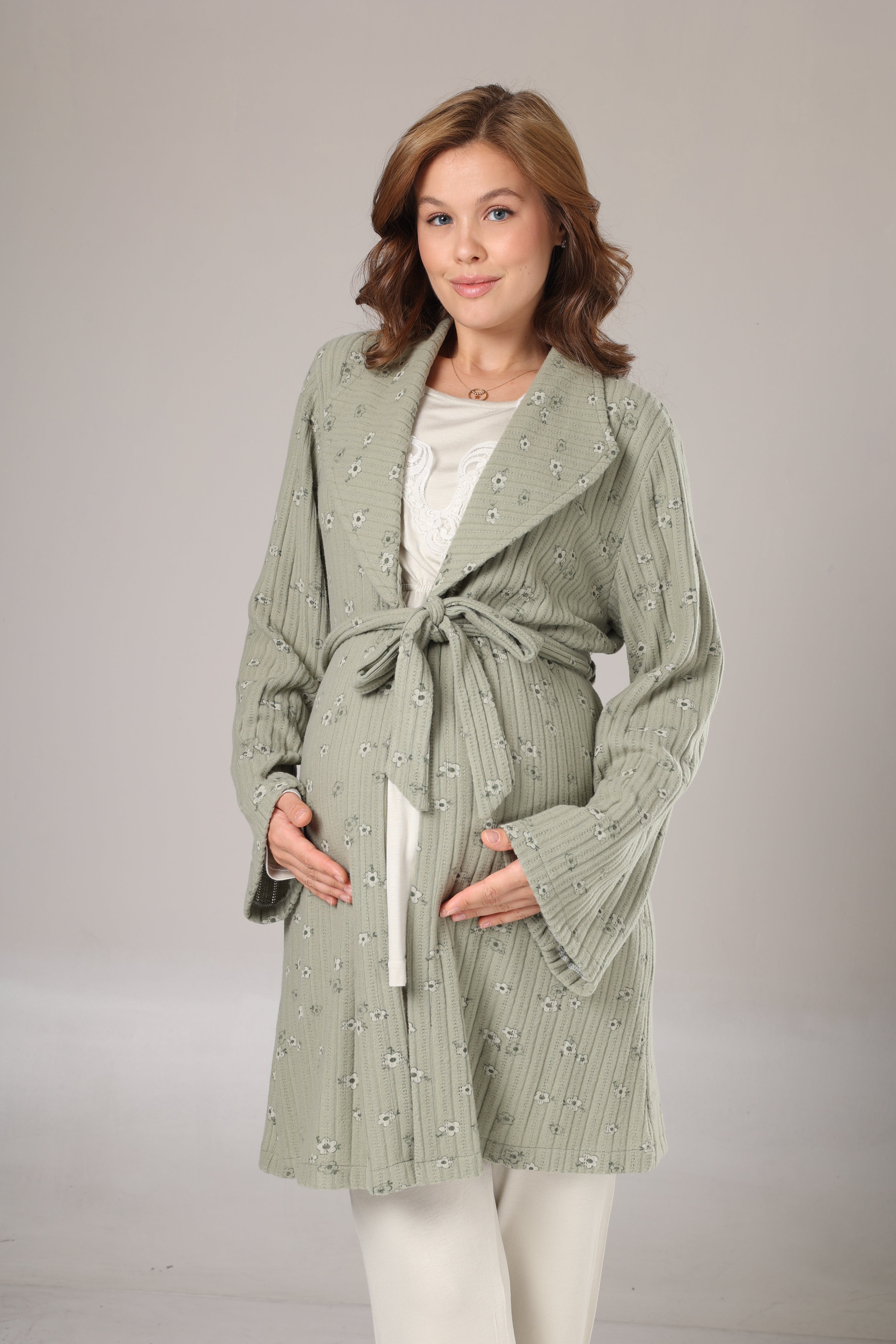 Kışlık Yeşil Welsoft Sabahlıklı Lohusa Pijama Takımı-1003