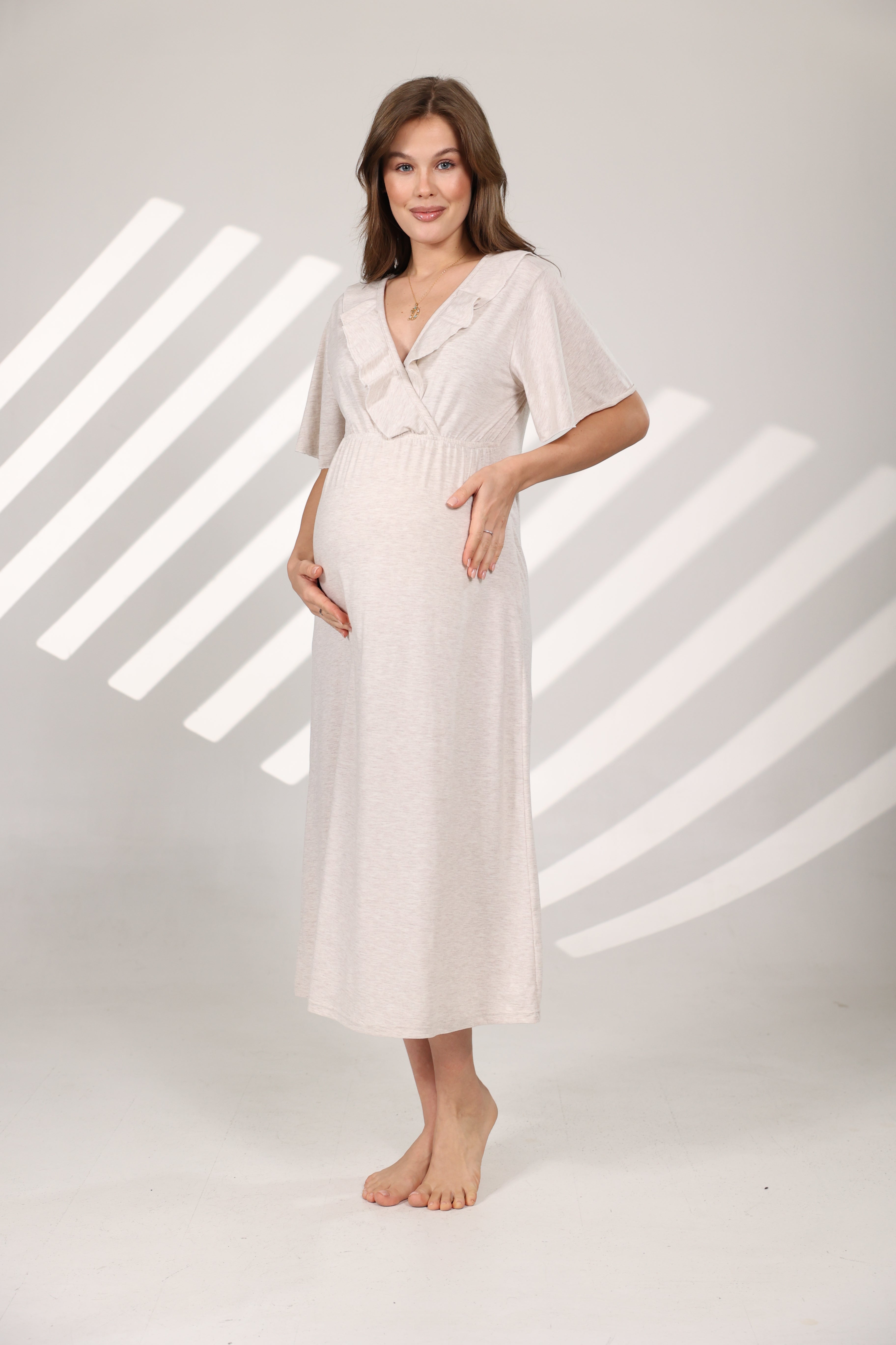 Bej Melanj Yumuşak Dokulu Kruvaze Sabahlıklı Lohusa Gecelik Takımı 572