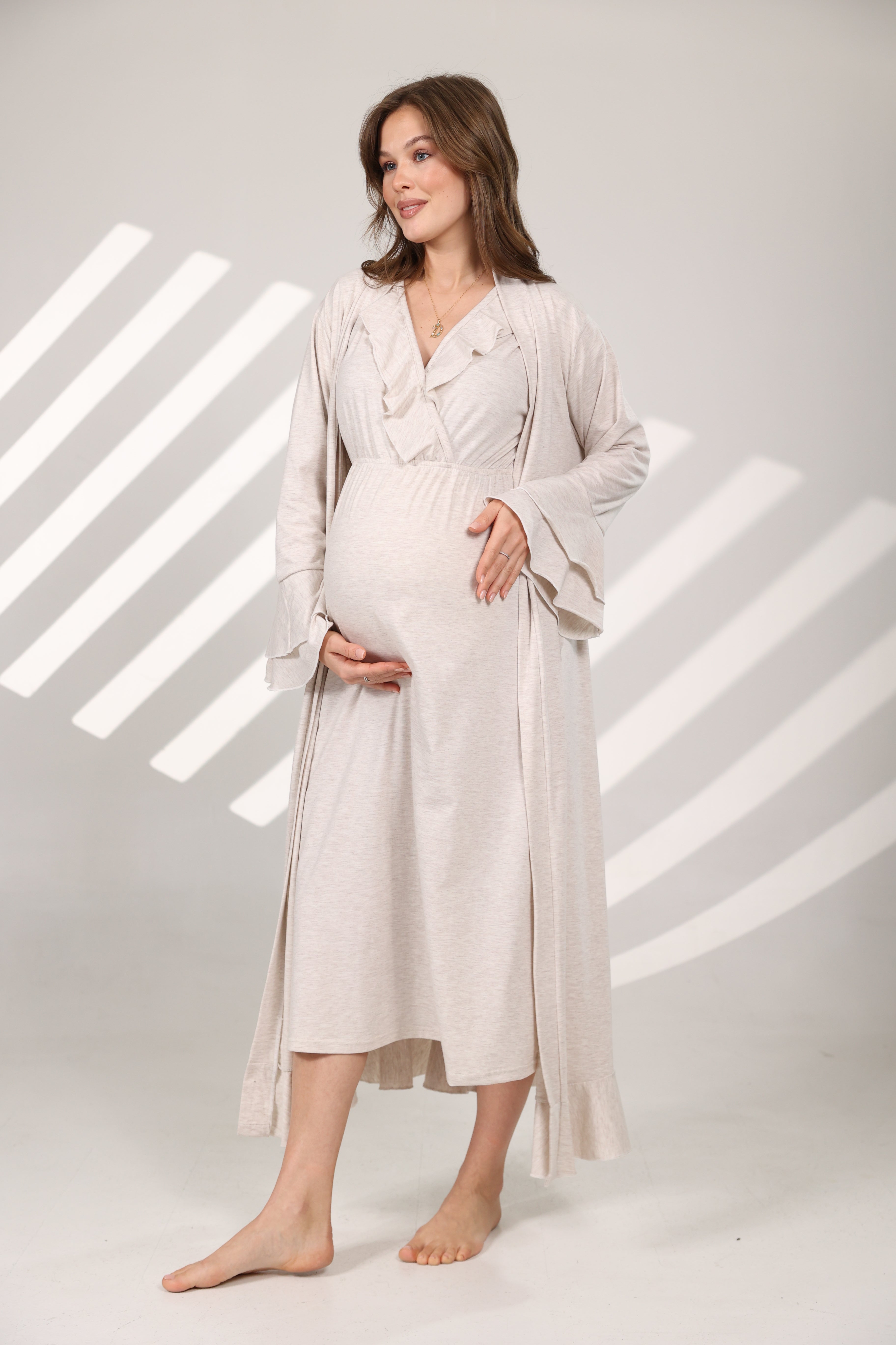 Bej Melanj Yumuşak Dokulu Kruvaze Sabahlıklı Lohusa Gecelik Takımı 572