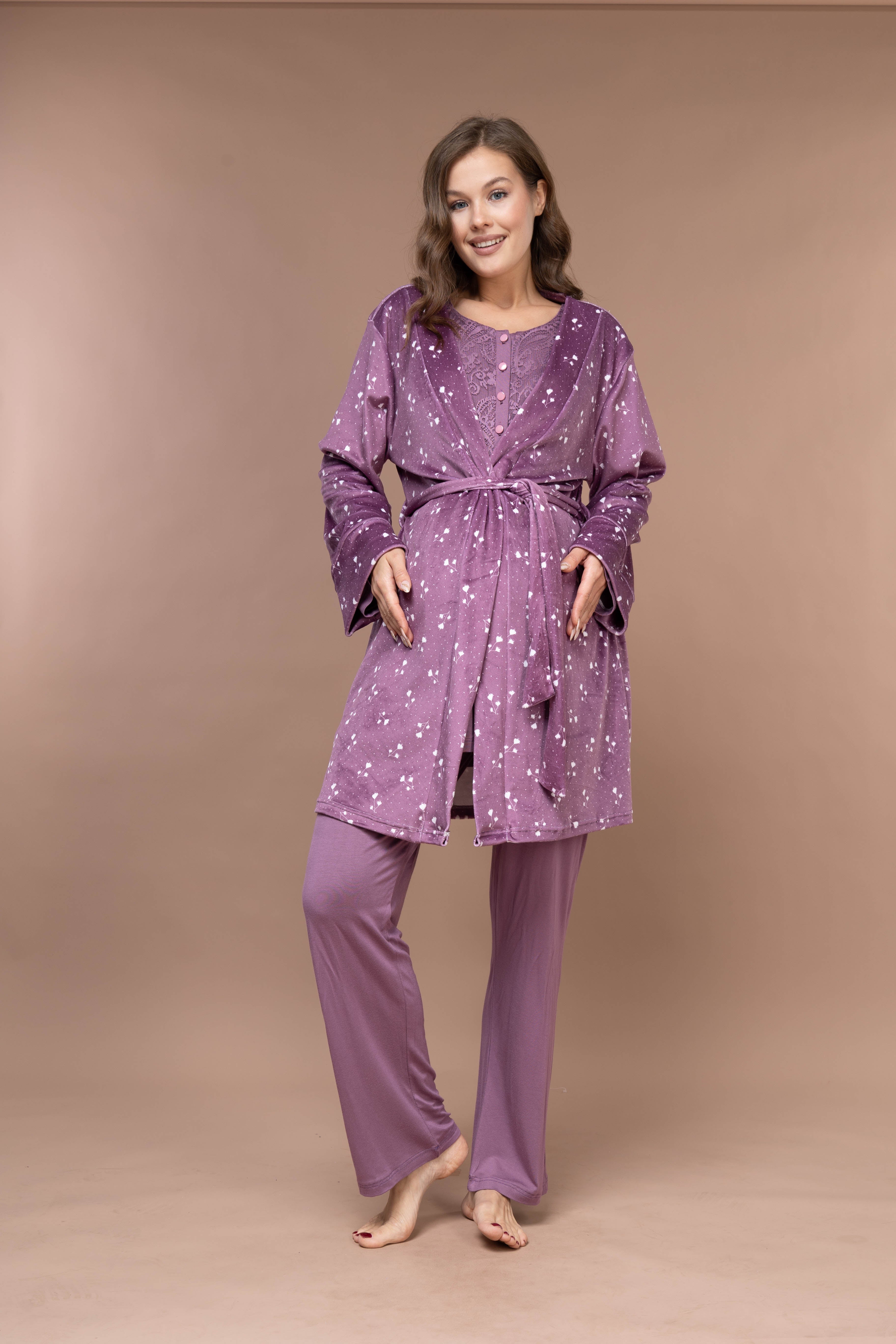 Yumuşak Kadife Sabahlıklı Kışlık Lohusa Pijama Takımı