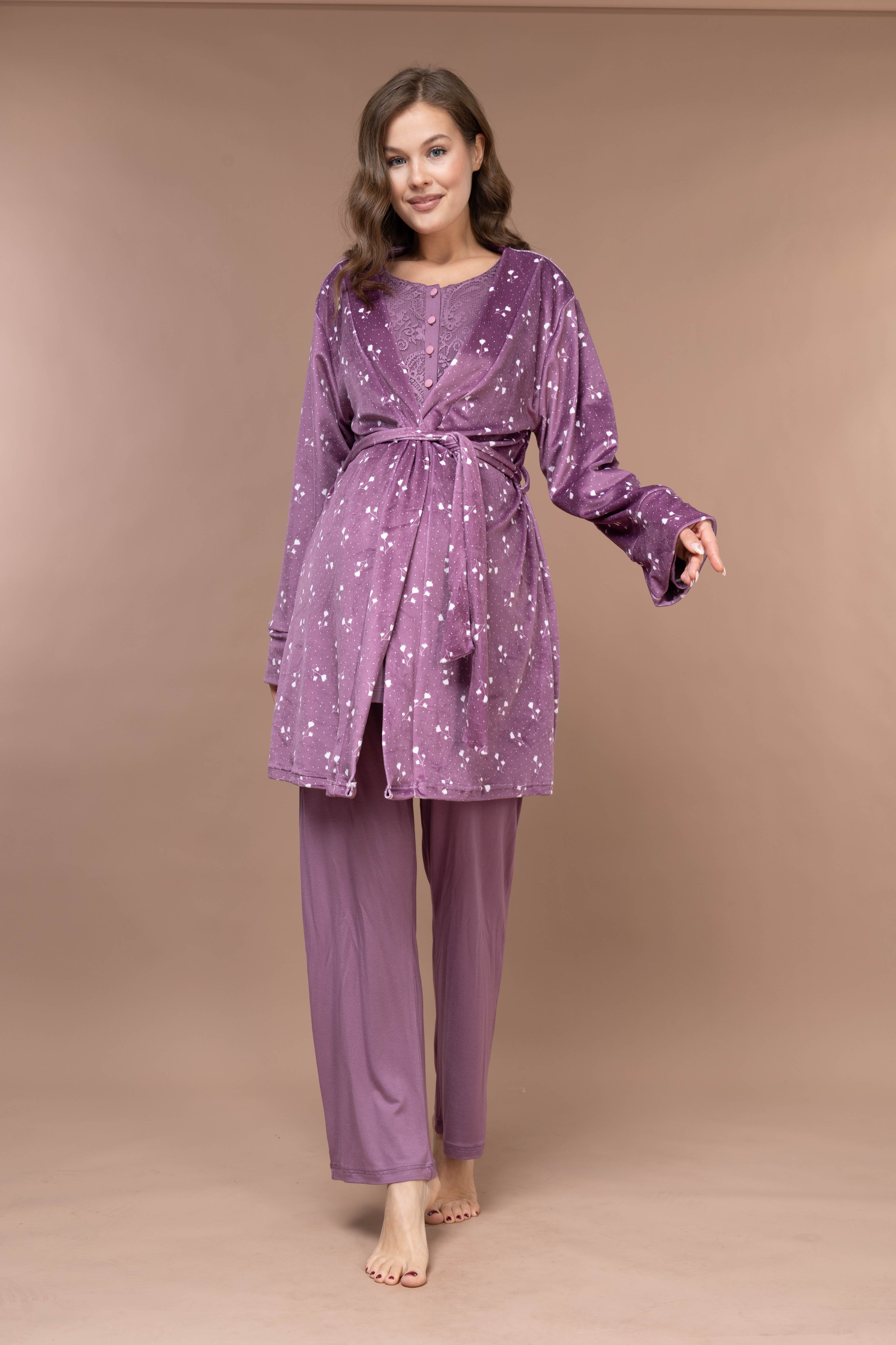 Yumuşak Kadife Sabahlıklı Kışlık Lohusa Pijama Takımı