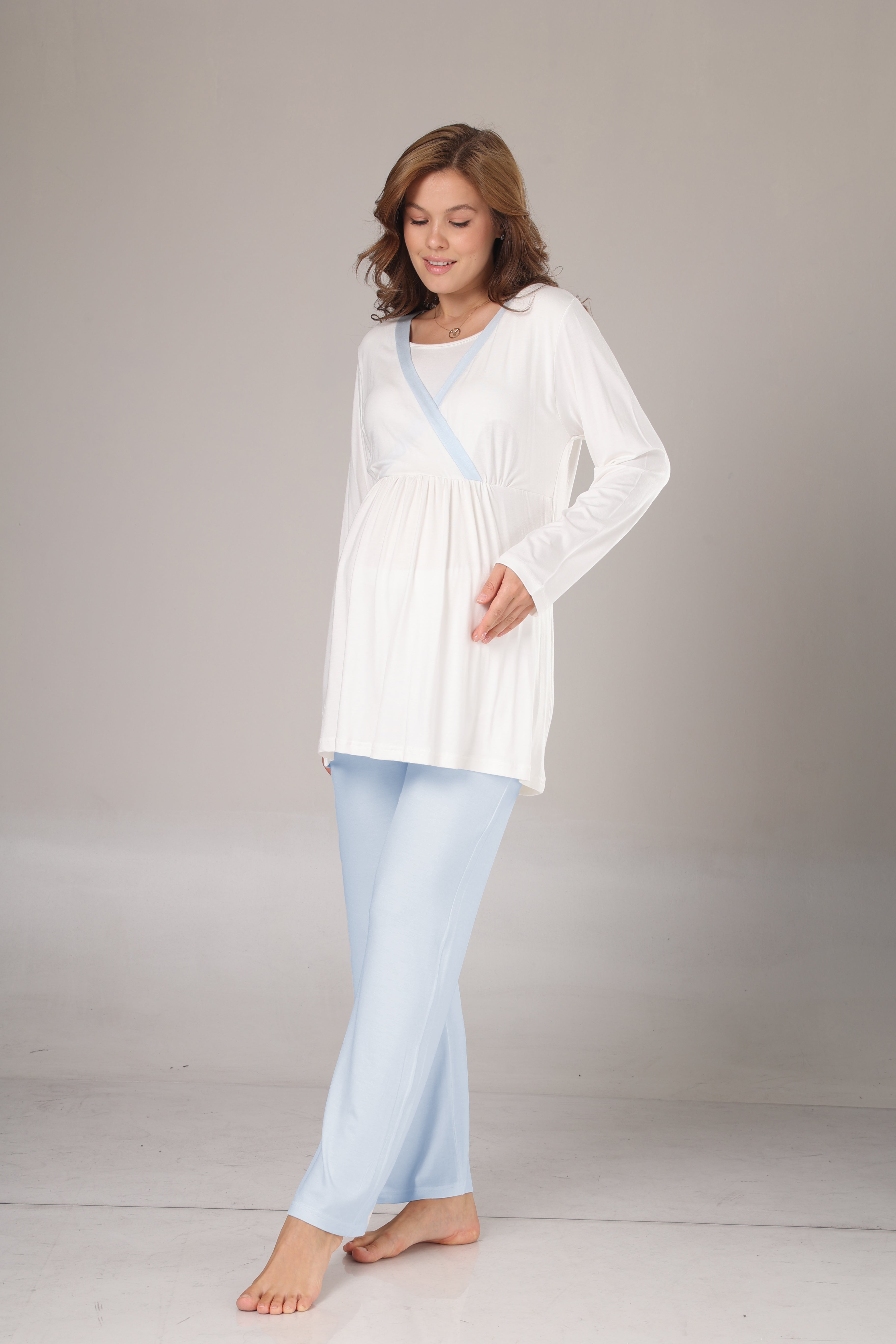 Kışlık Pamuk Sabahlıklı Mavi Şeritli Lohusa Pijama Takımı-1033