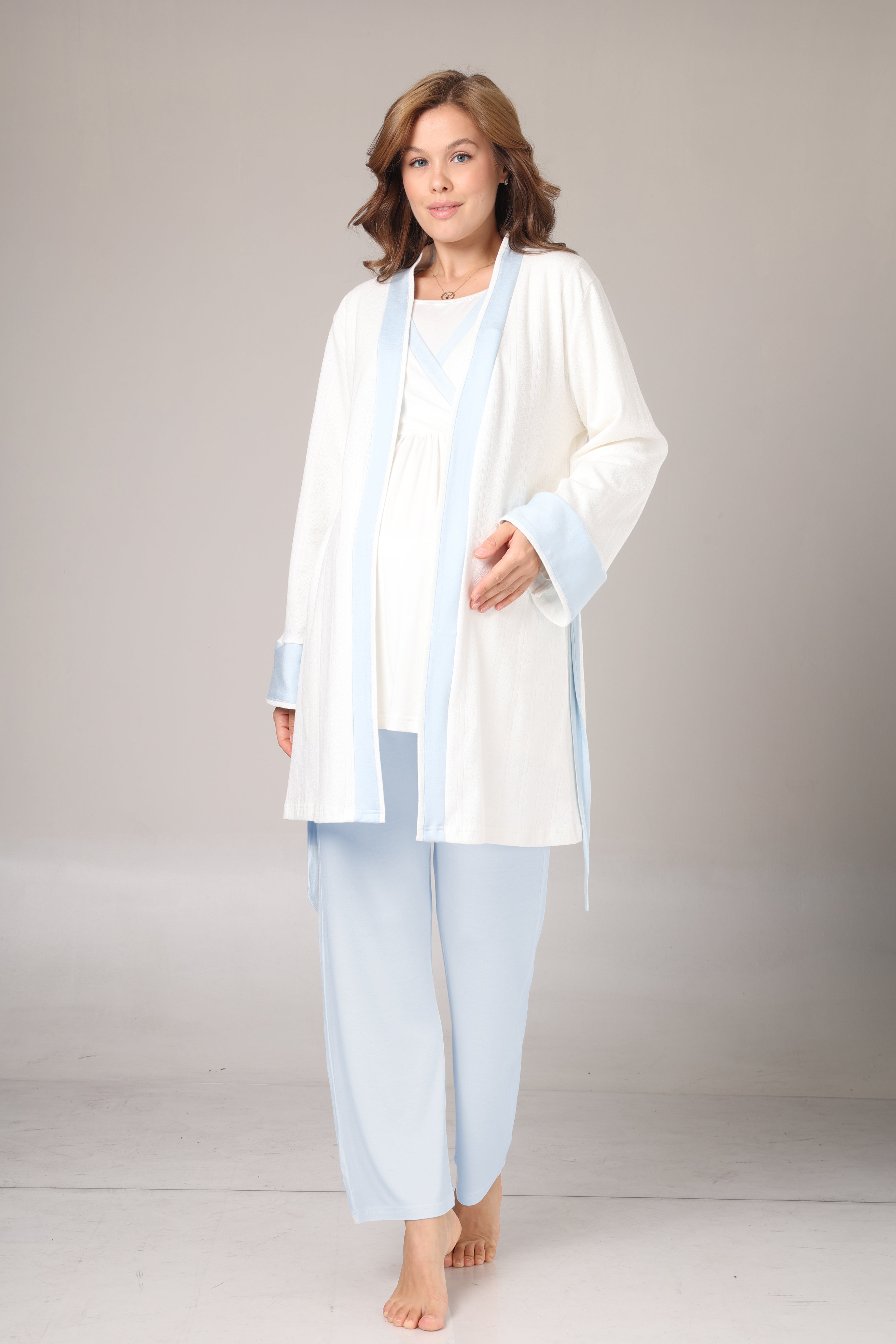 Kışlık Pamuk Sabahlıklı Mavi Şeritli Lohusa Pijama Takımı-1033