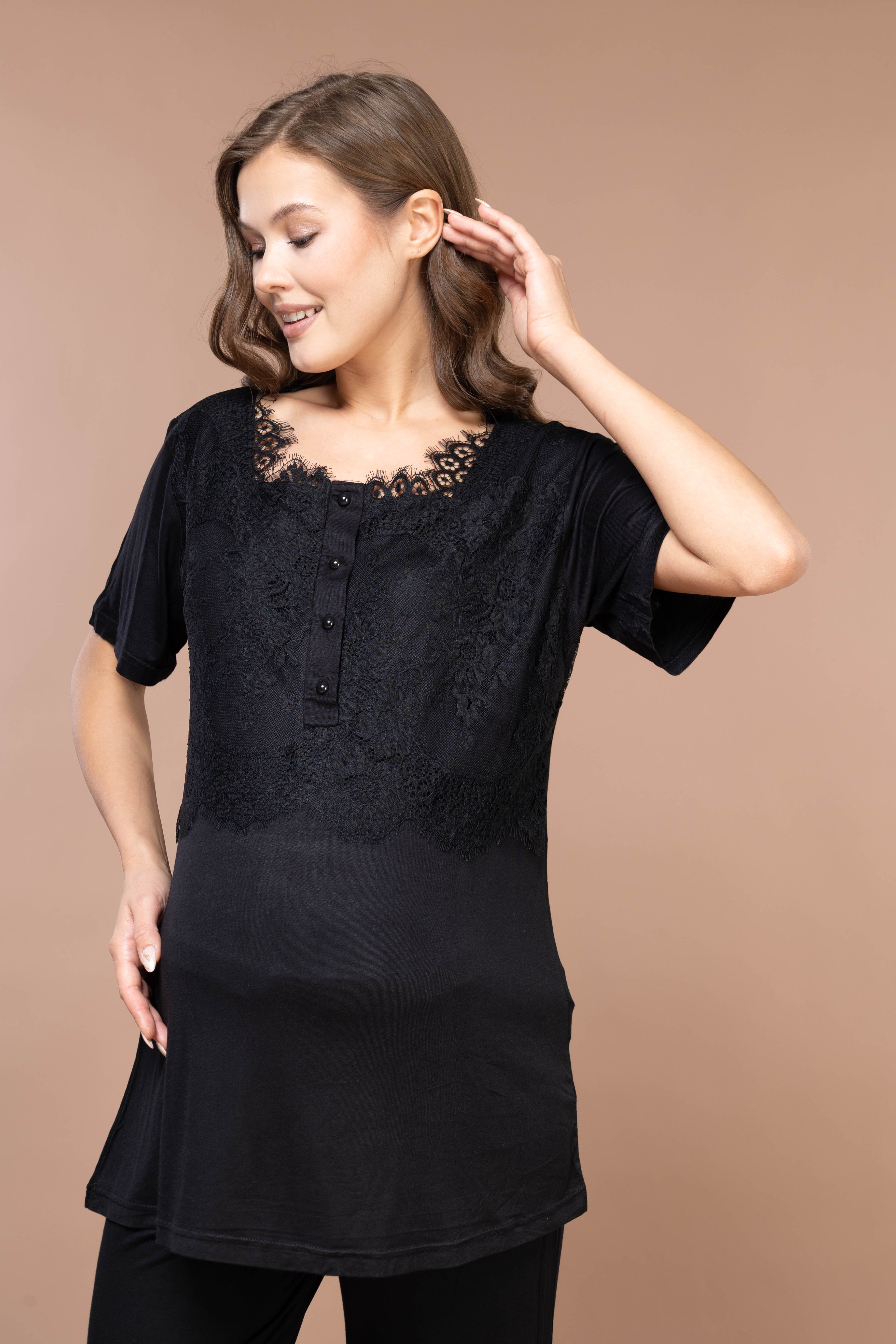 Siyah Güpürlü Sabahlıklı Lohusa Pijama Takımı