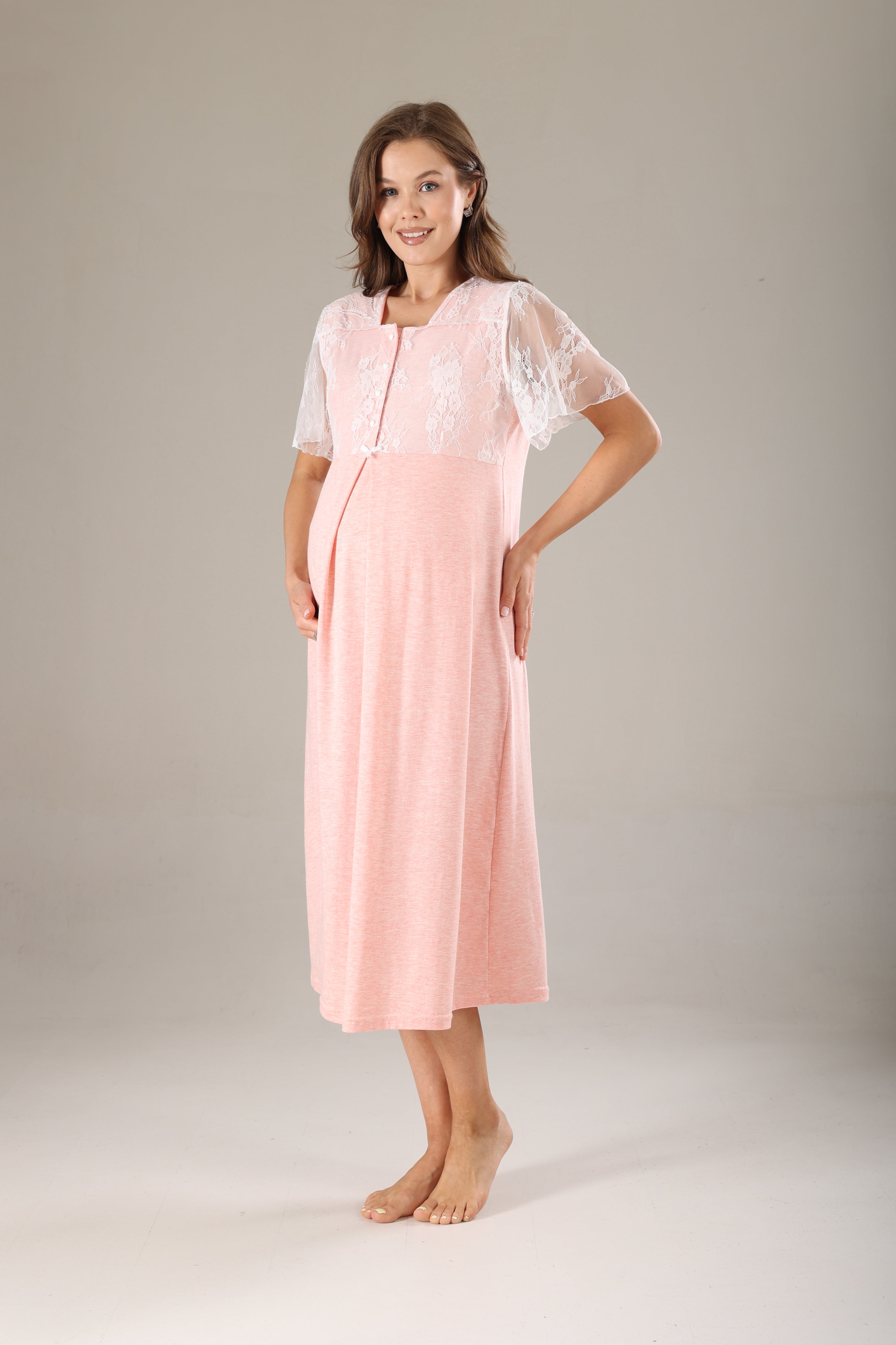 Pembe Melanj Dantel Tasarımlı Sabahlıklı Lohusa Gecelik Takımı - 803