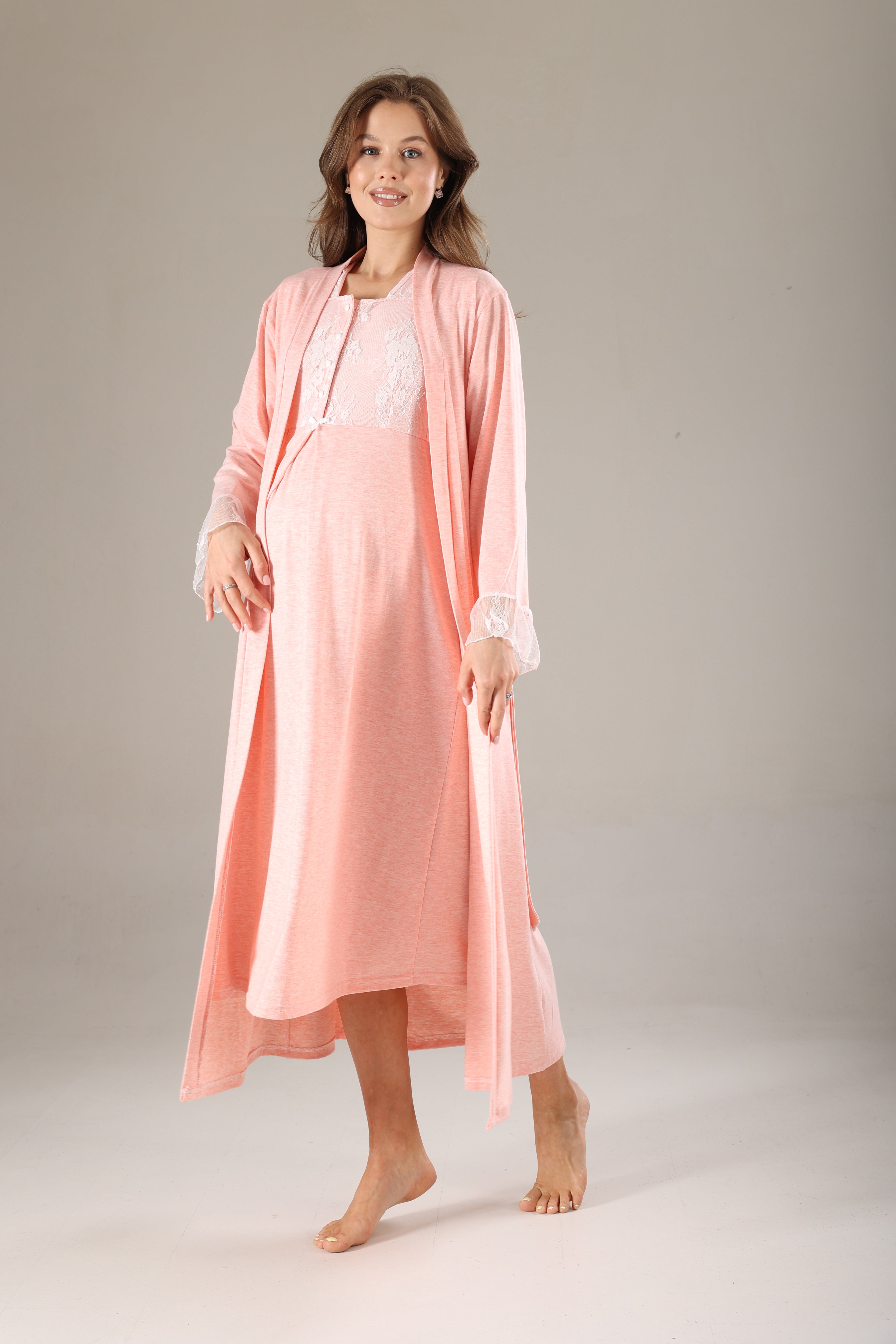 Pembe Melanj Dantel Tasarımlı Sabahlıklı Lohusa Gecelik Takımı - 803