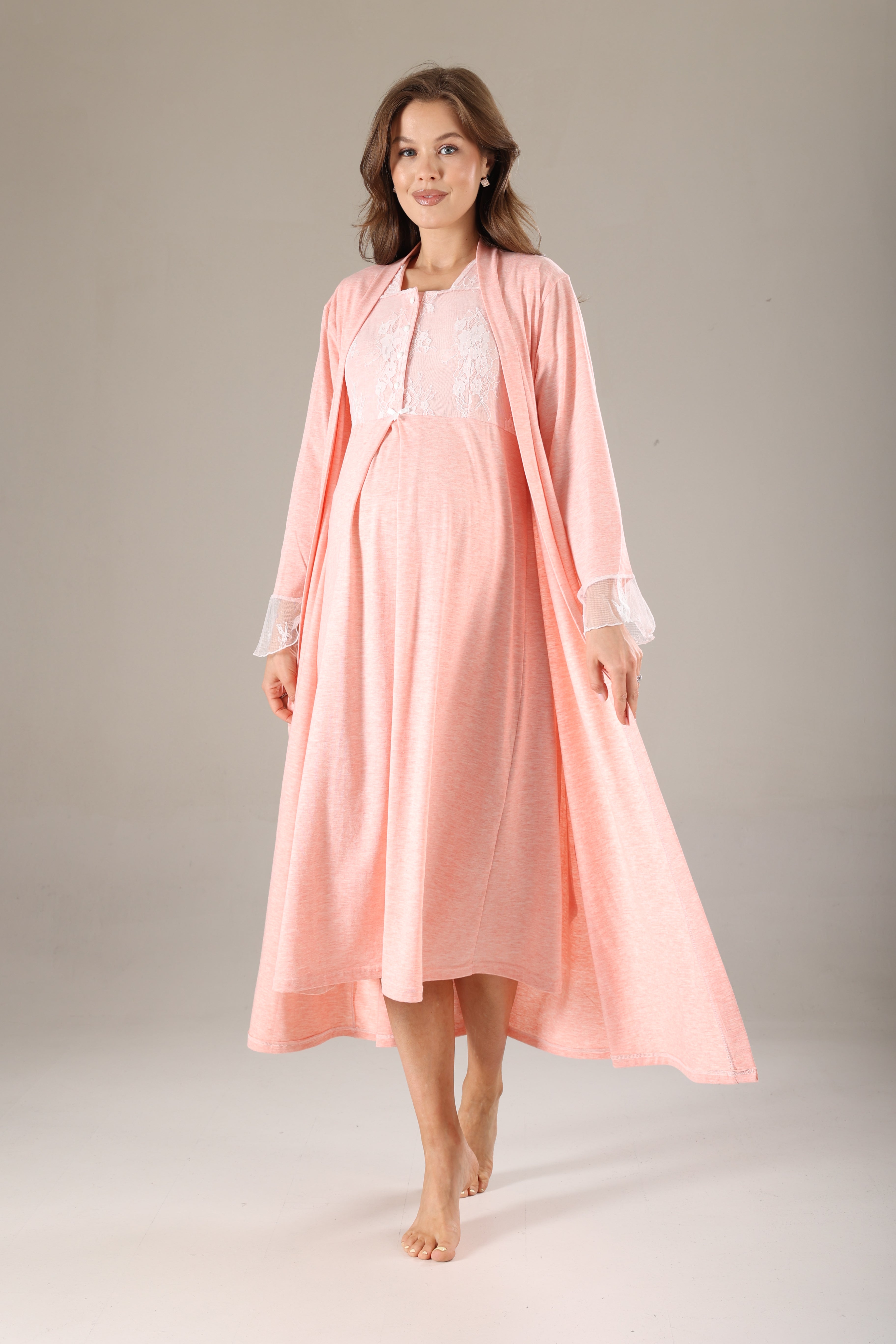 Pembe Melanj Dantel Tasarımlı Sabahlıklı Lohusa Gecelik Takımı - 803