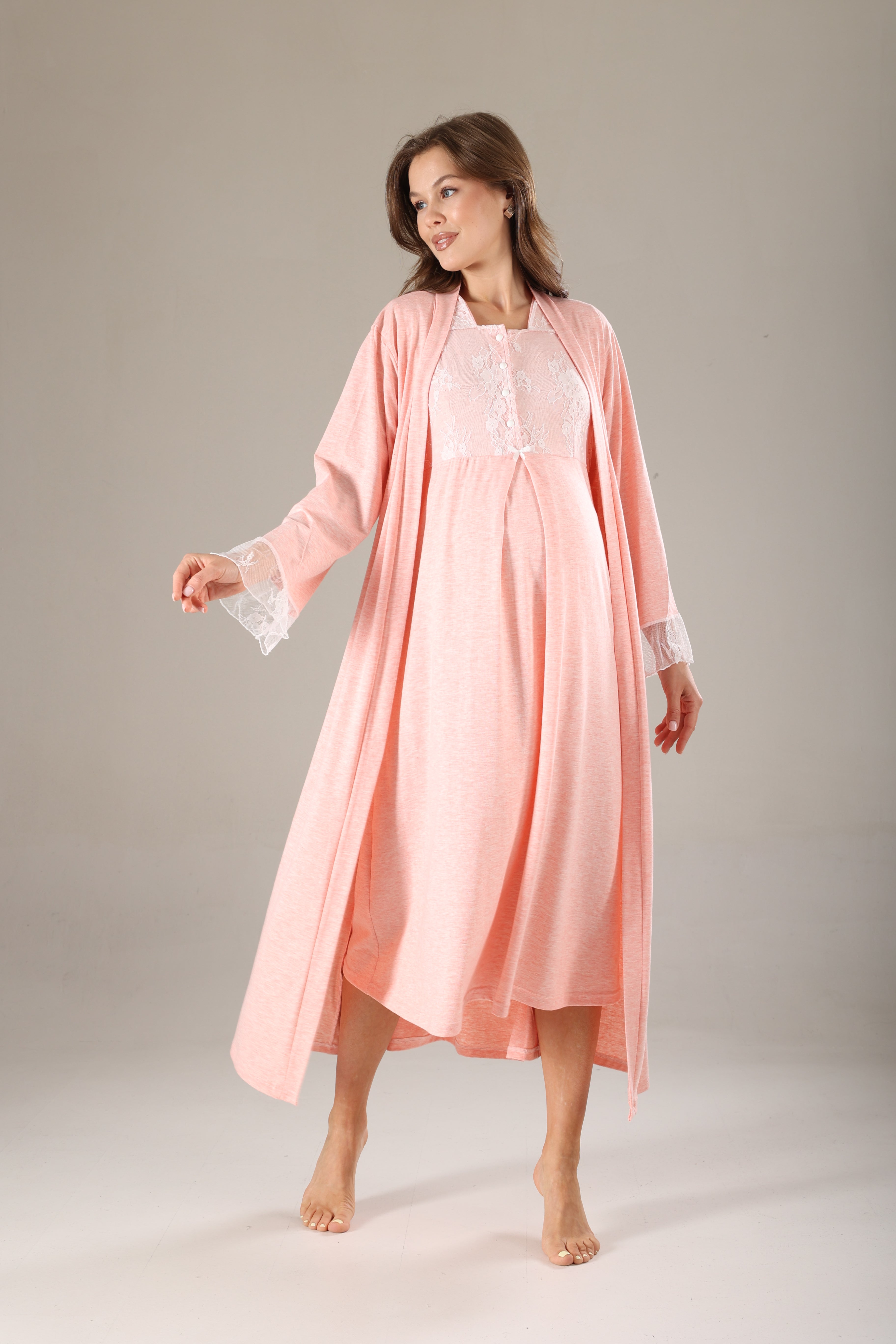 Pembe Melanj Dantel Tasarımlı Sabahlıklı Lohusa Gecelik Takımı - 803