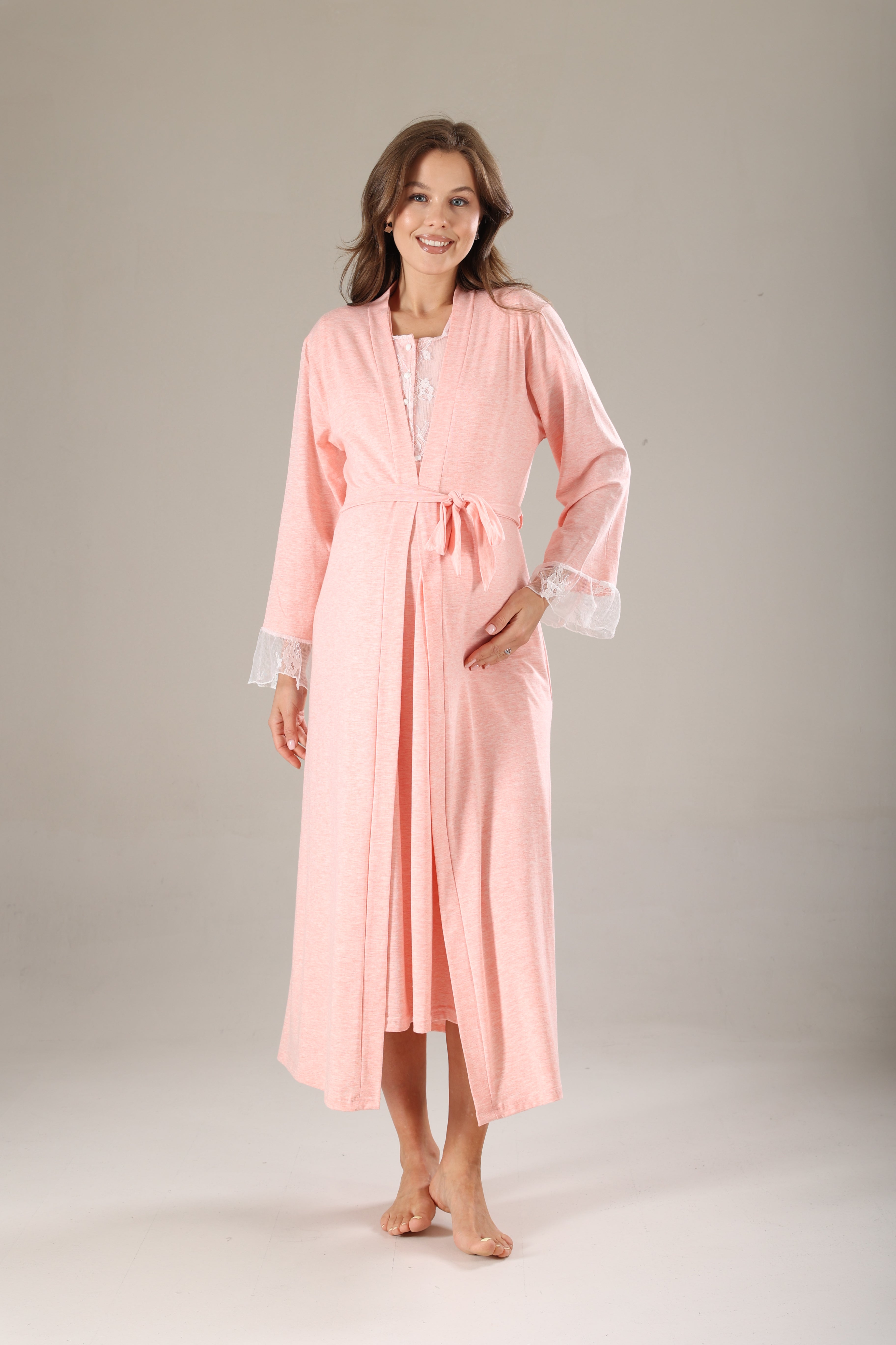 Pembe Melanj Dantel Tasarımlı Sabahlıklı Lohusa Gecelik Takımı - 803