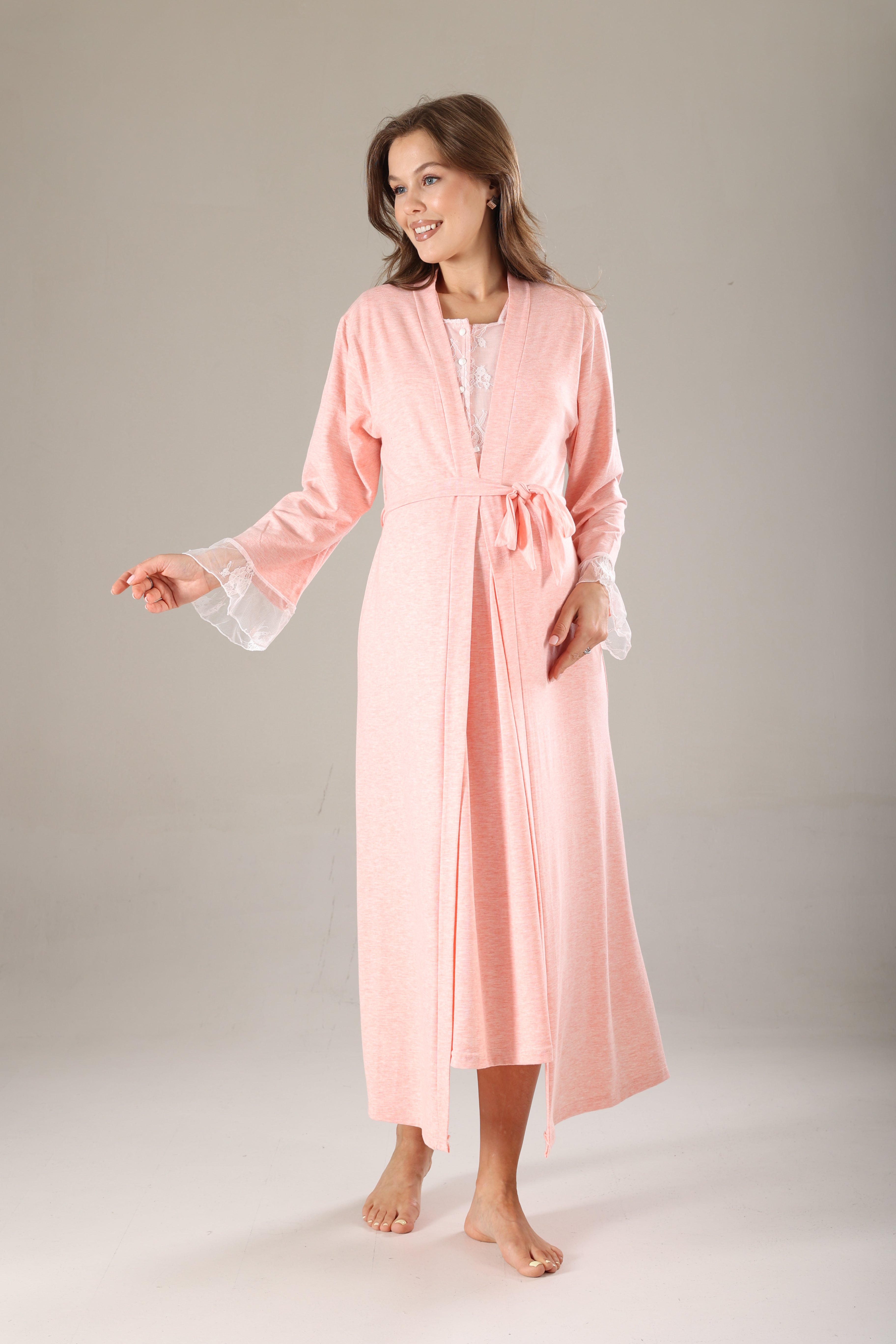 Pembe Melanj Dantel Tasarımlı Sabahlıklı Lohusa Gecelik Takımı - 803