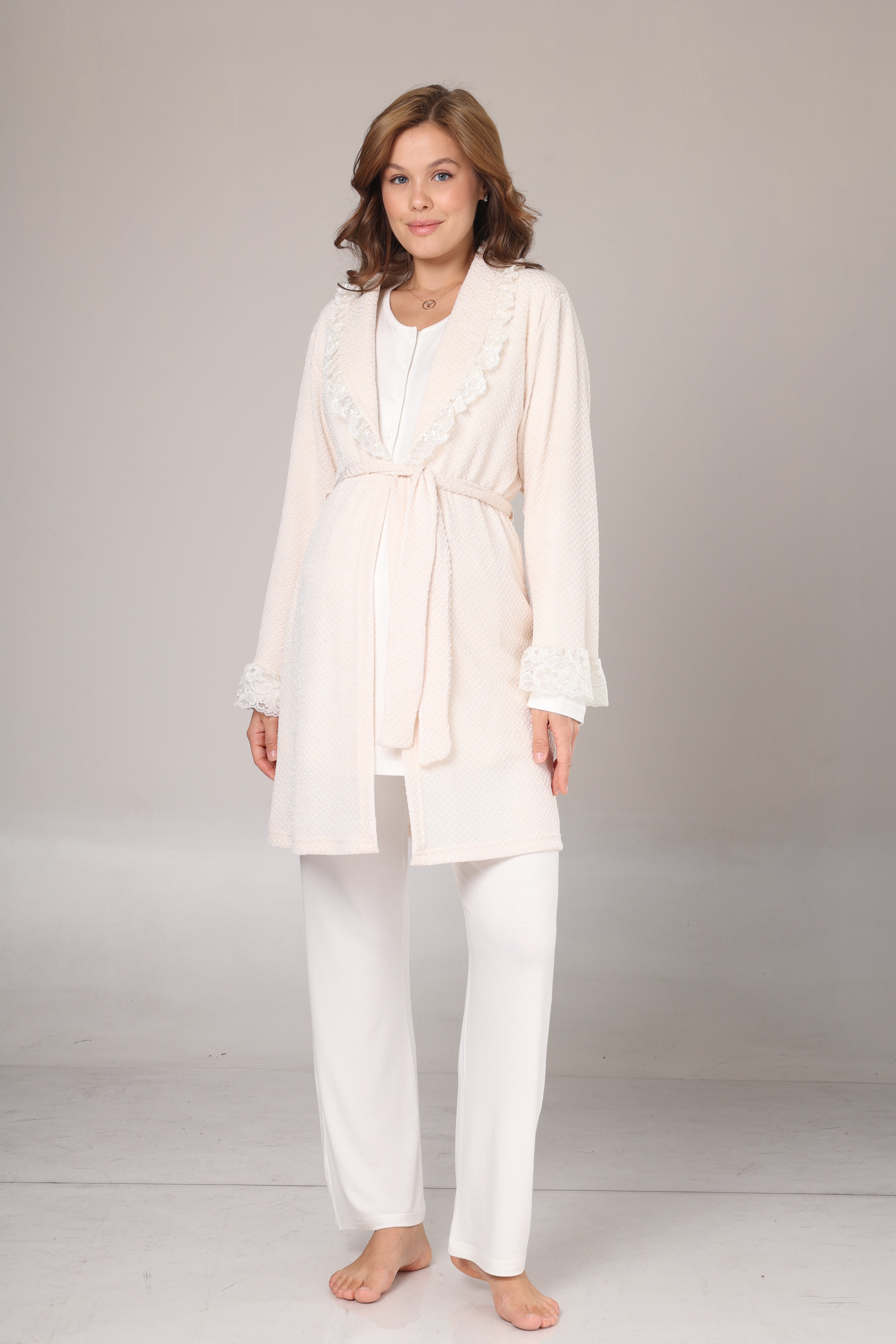 Krem Fırfır Yakalı Kışlık Sabahlıklı Lohusa Pijama Takımı 1010