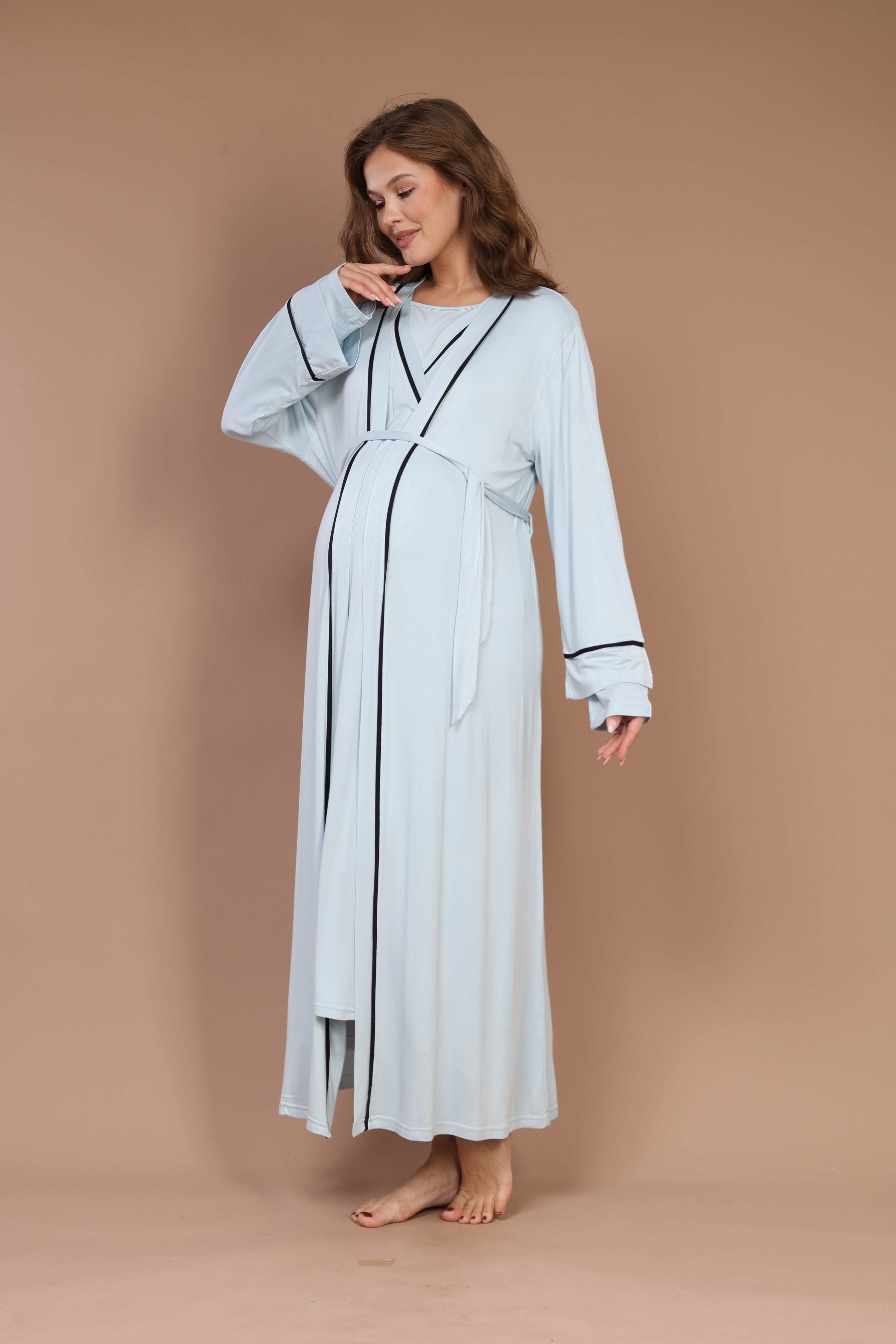 Gizli Emzirme Özellikli Biyeli Sabahlıklı Lohusa Gecelik Takımı Mavi 544