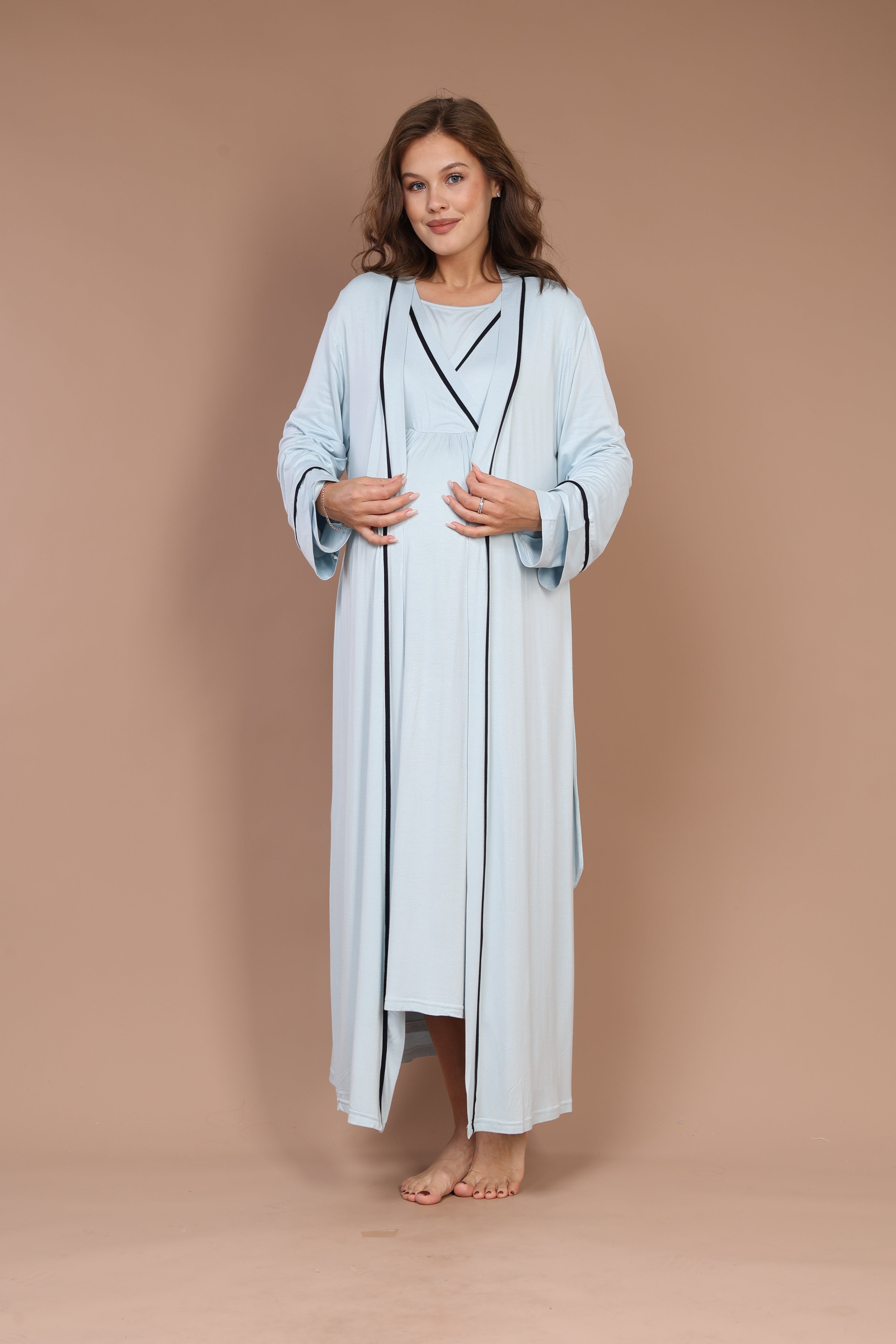 Gizli Emzirme Özellikli Biyeli Sabahlıklı Lohusa Gecelik Takımı Mavi 544