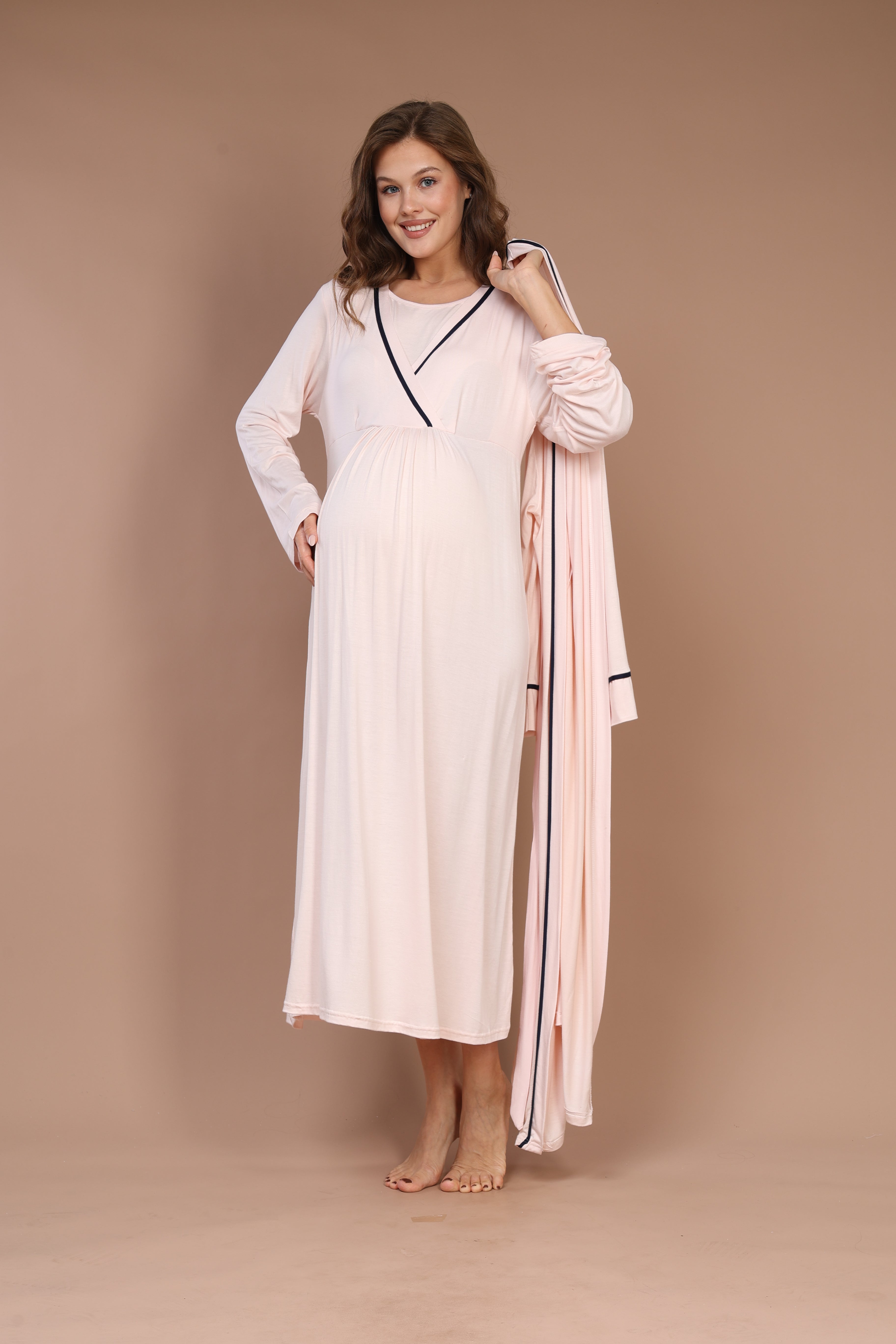 Gizli Emzirme Özellikli Biyeli Sabahlıklı Lohusa Gecelik Takımı 543