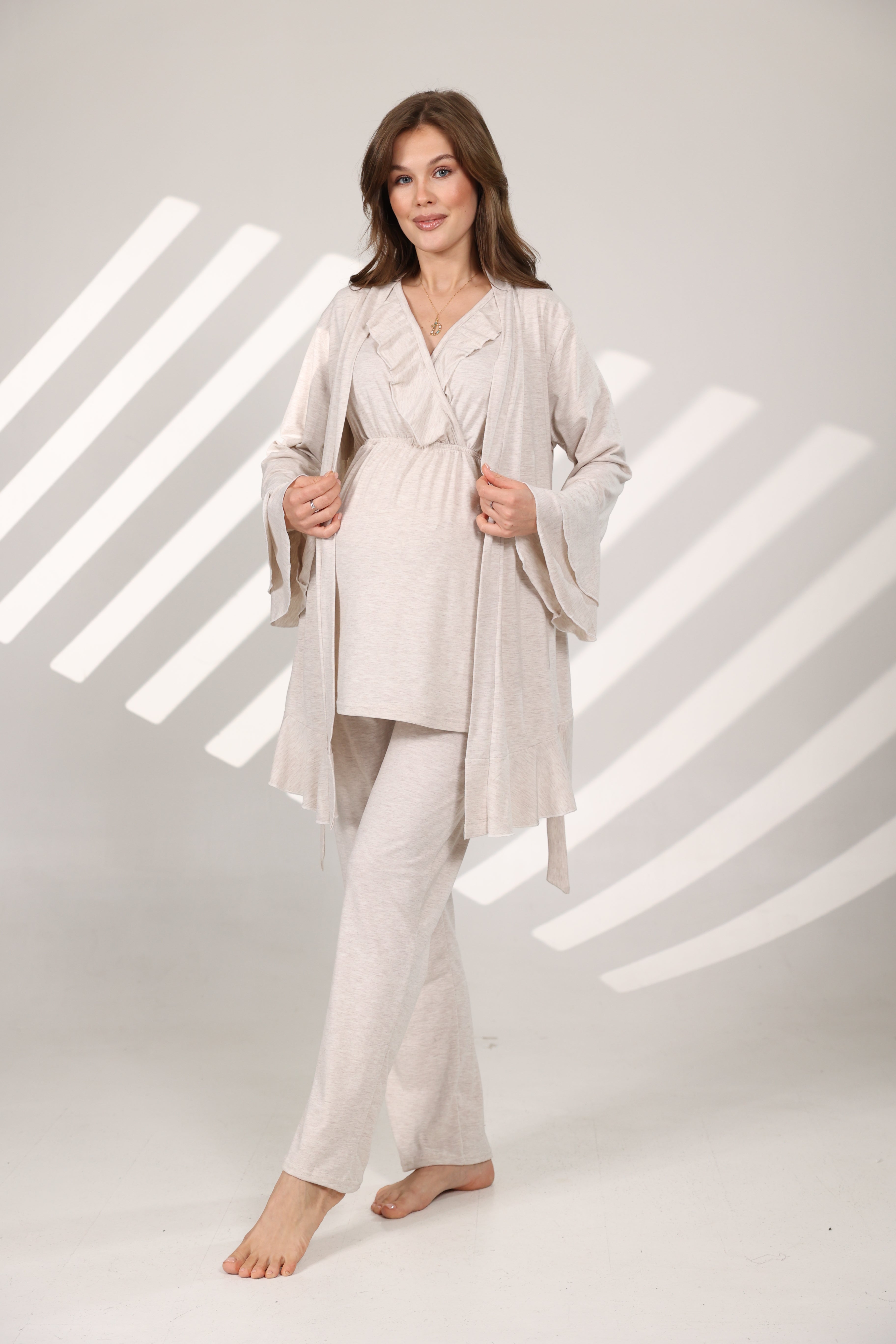 Bej Melanj Yumuşak Dokulu Sabahlıklı Kruvaze Lohusa Pijama Takımı 573