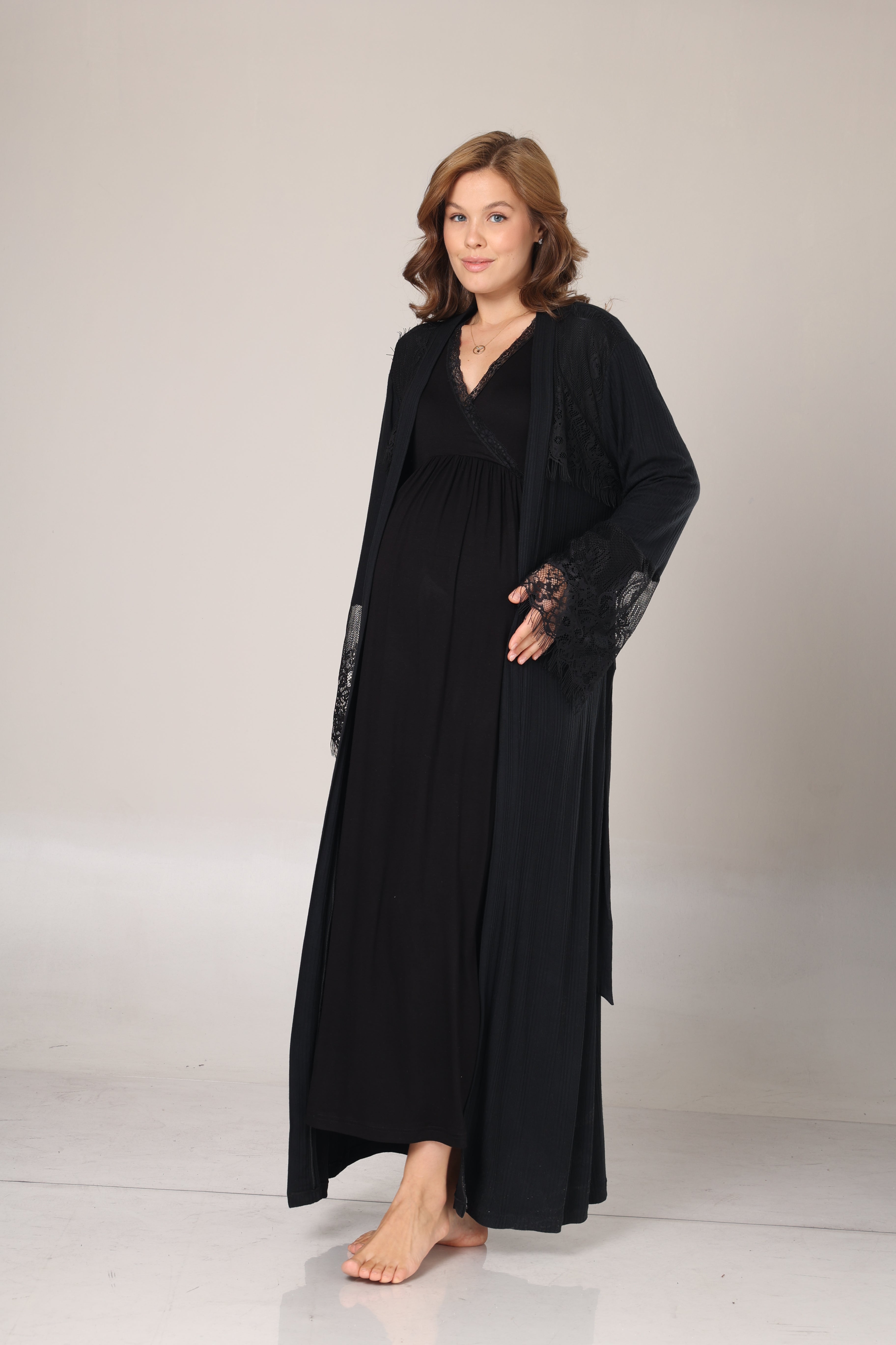 Kışlık Siyah Fitilli Dantel Detaylı Sabahlıklı Lohusa Gecelik Takımı -1006