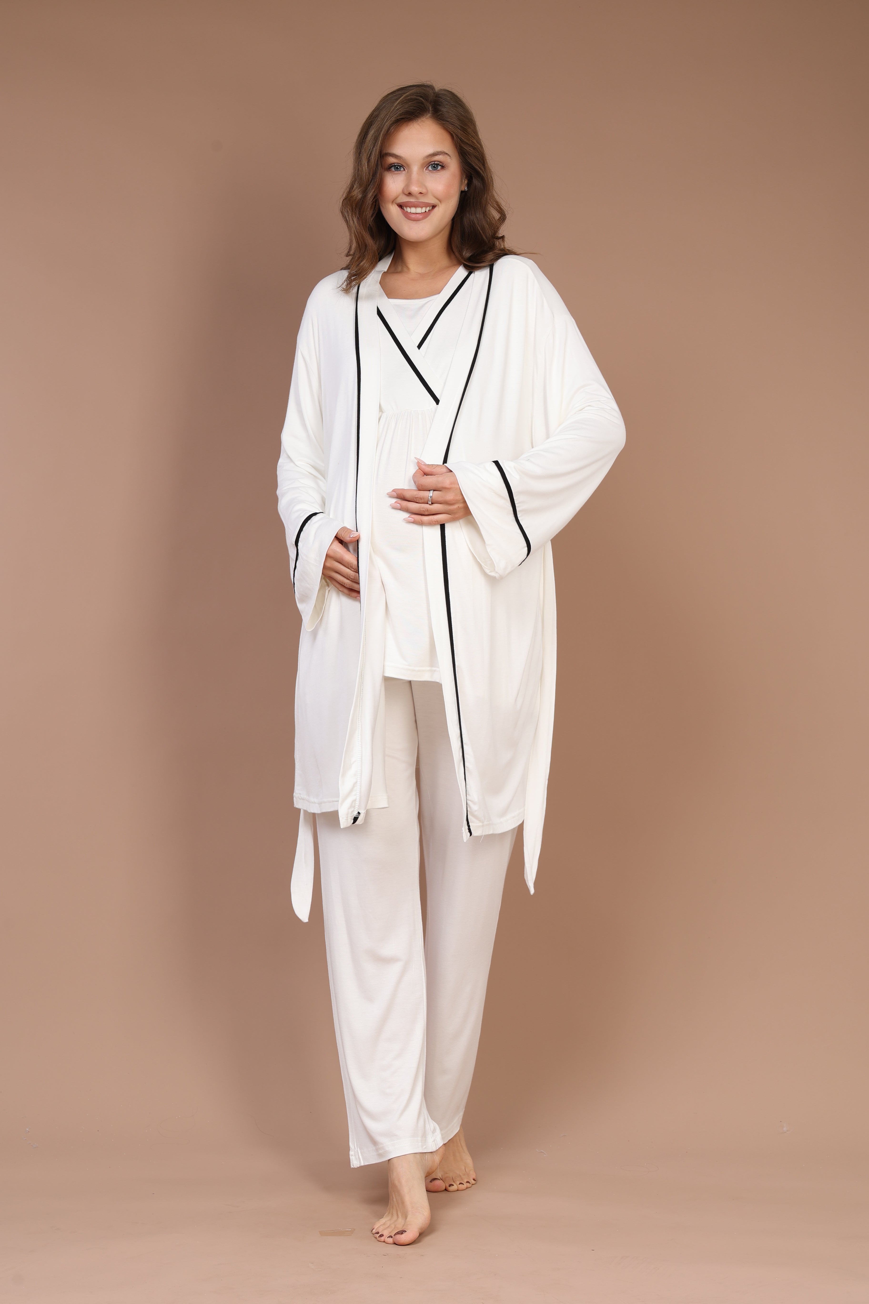 Ekru Uzun Kollu Biyeli Sabahlıklı Lohusa Pijama Takımı-545