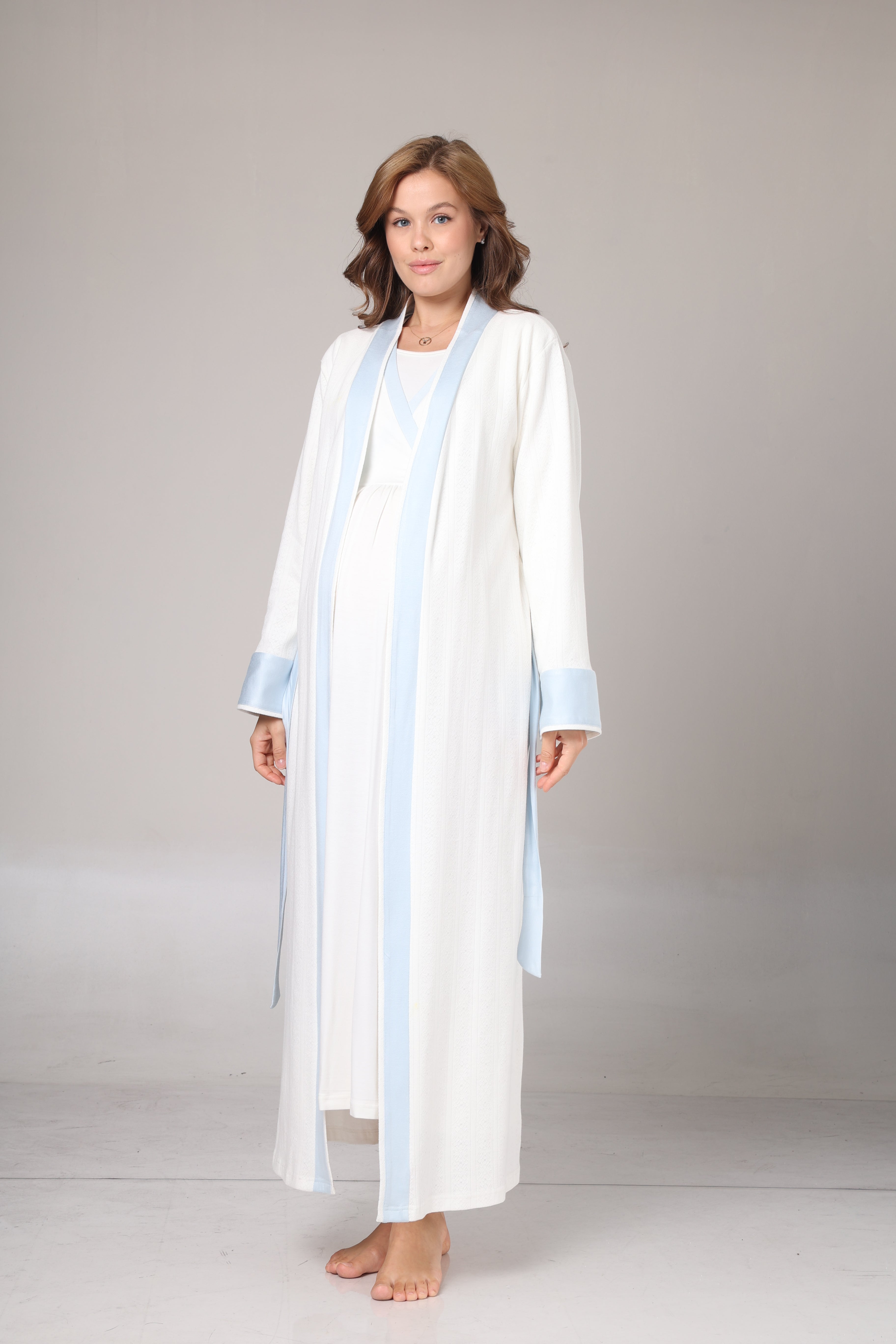 Kışlık Kendinden Desenli Mavi Şerit Detaylı Sabahlıklı Lohusa Gecelik Takımı -1017