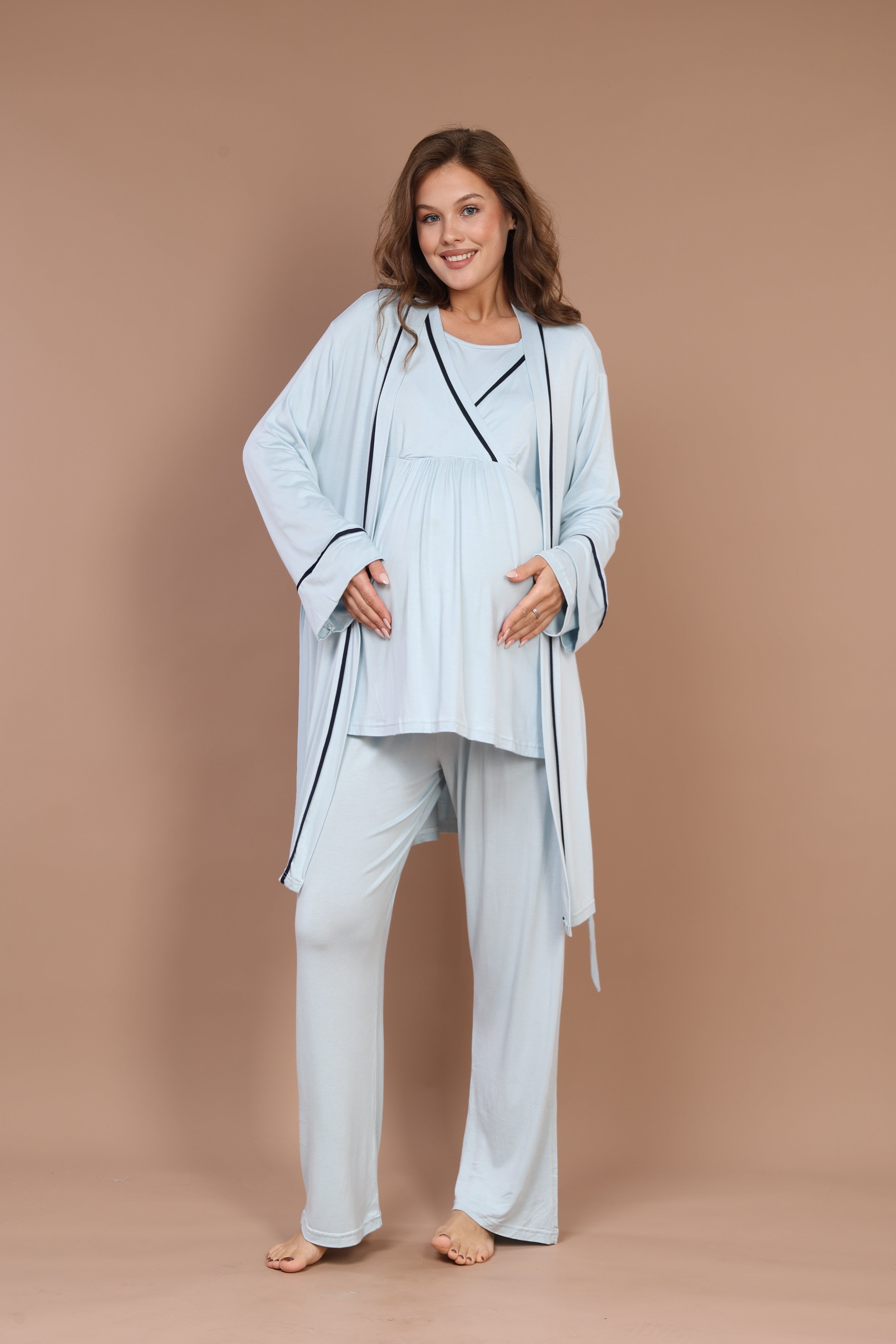 Mavi Biyeli Uzun Kollu Sabahlıklı Gizli Emzirme Özellikli Lohusa Pijama Takımı