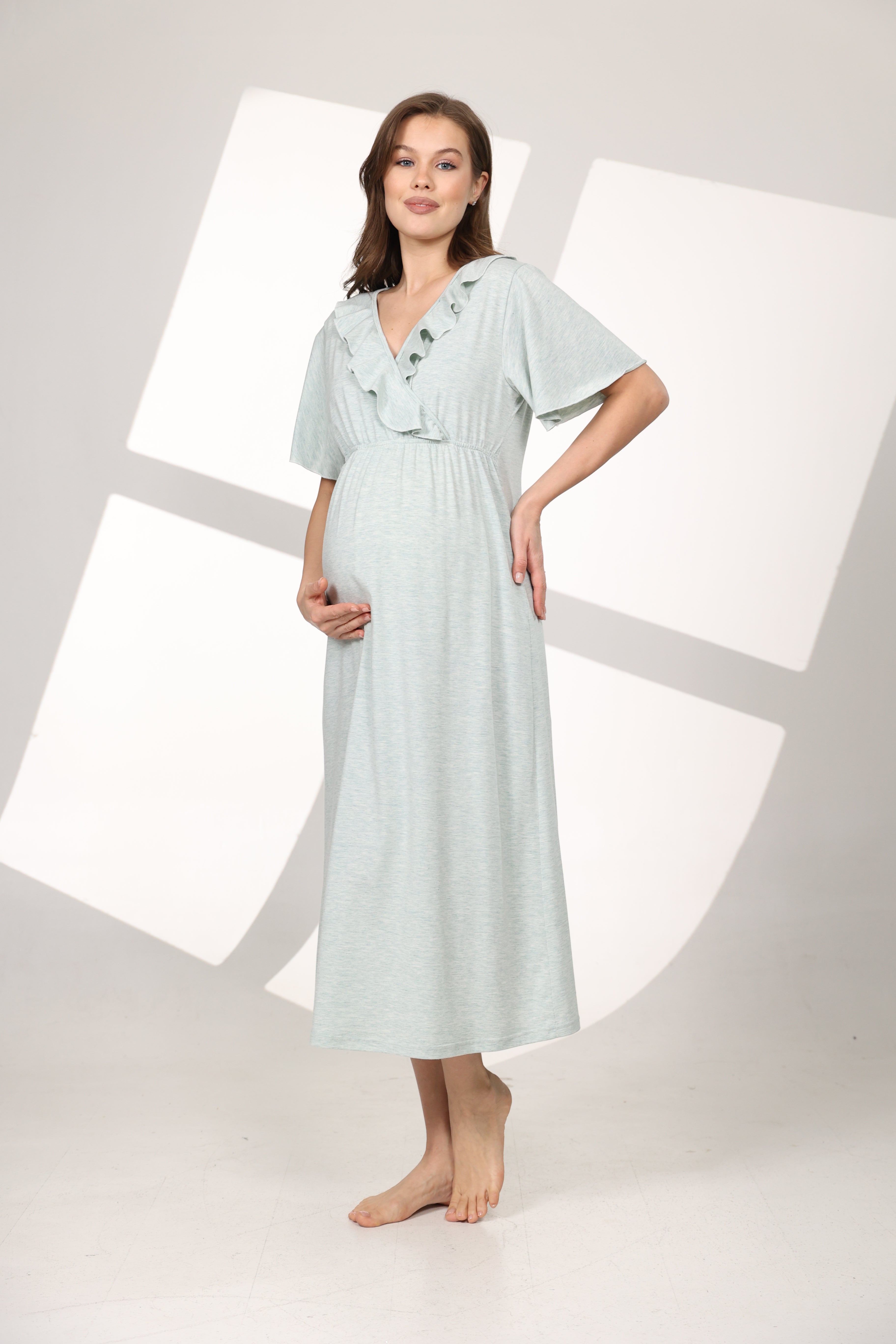 Su Yeşili Yumuşak Dokulu Kruvaze Sabahlıklı Lohusa Gecelik Takımı 590