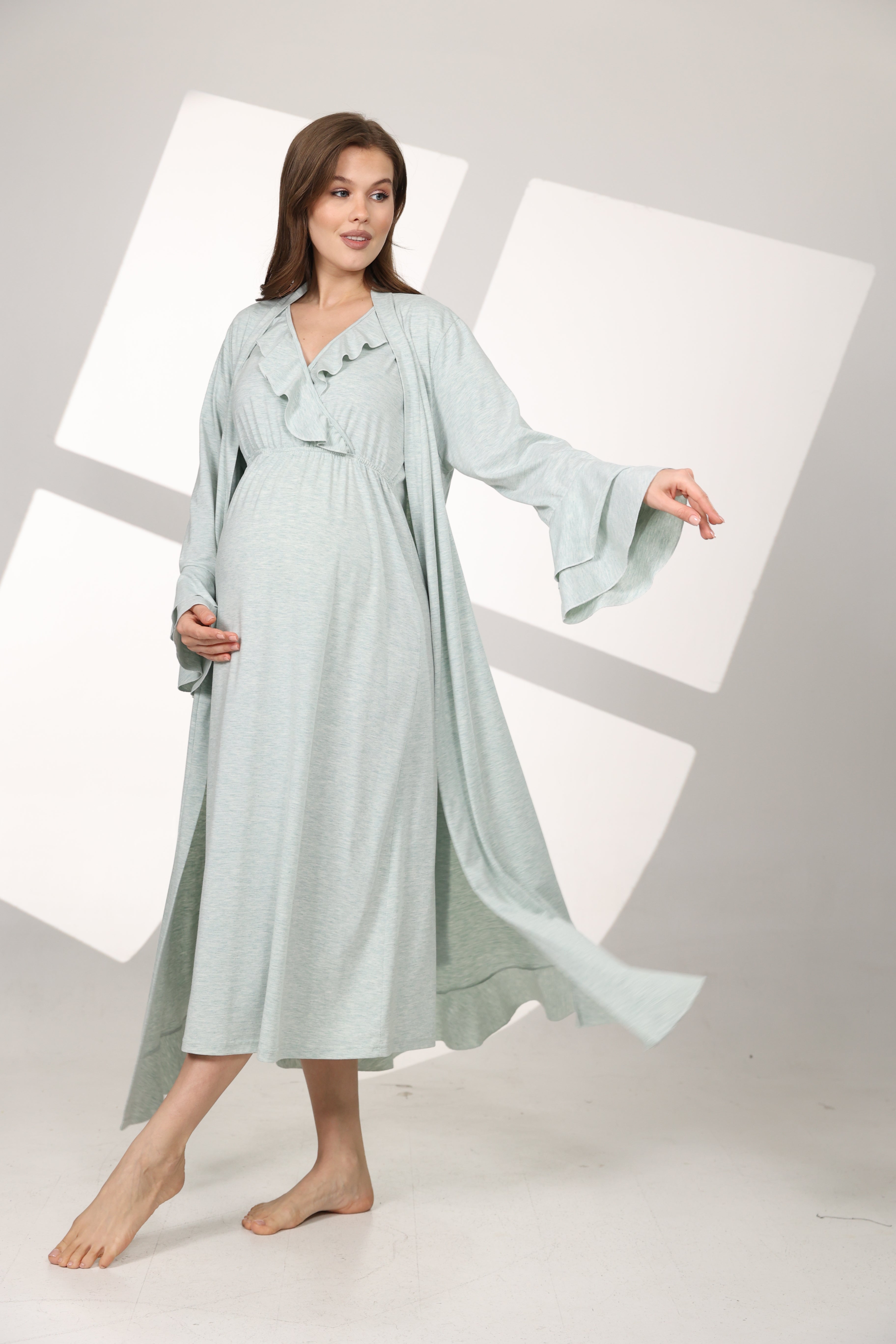 Su Yeşili Yumuşak Dokulu Kruvaze Sabahlıklı Lohusa Gecelik Takımı 590