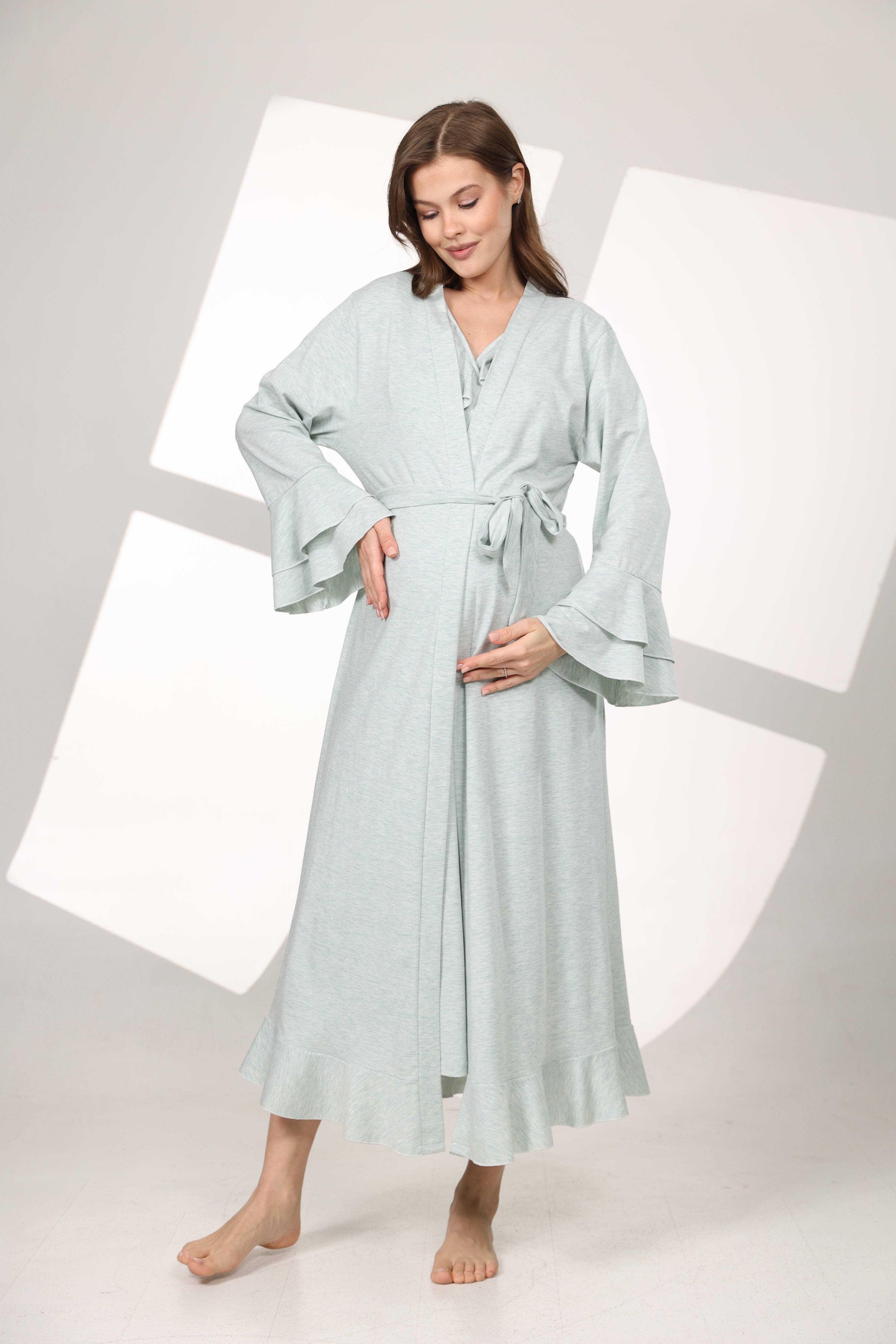 Su Yeşili Yumuşak Dokulu Kruvaze Sabahlıklı Lohusa Gecelik Takımı 590