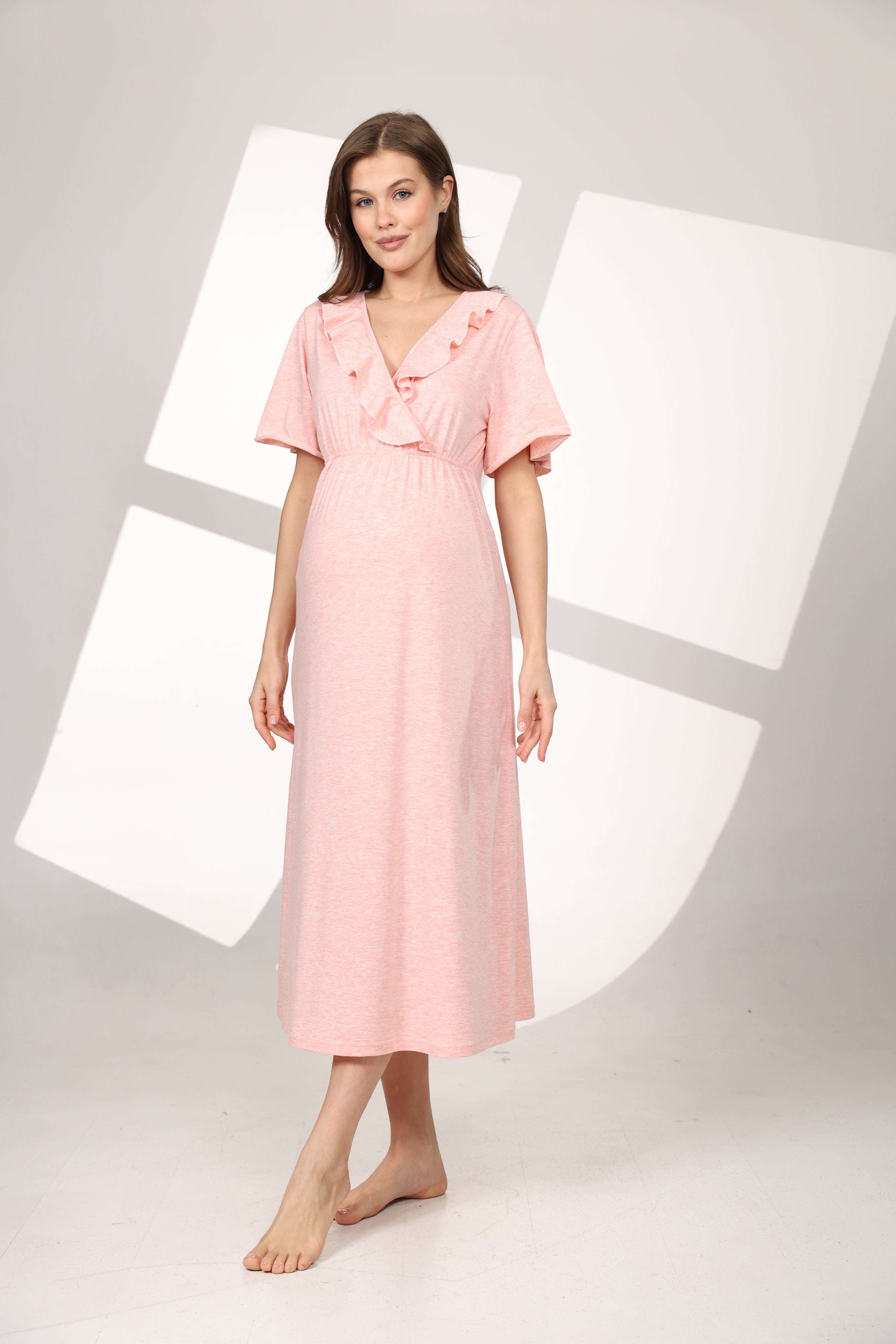 Pembe Melanj Yumuşak Dokulu Kruvaze Sabahlıklı Lohusa Gecelik Takımı 591