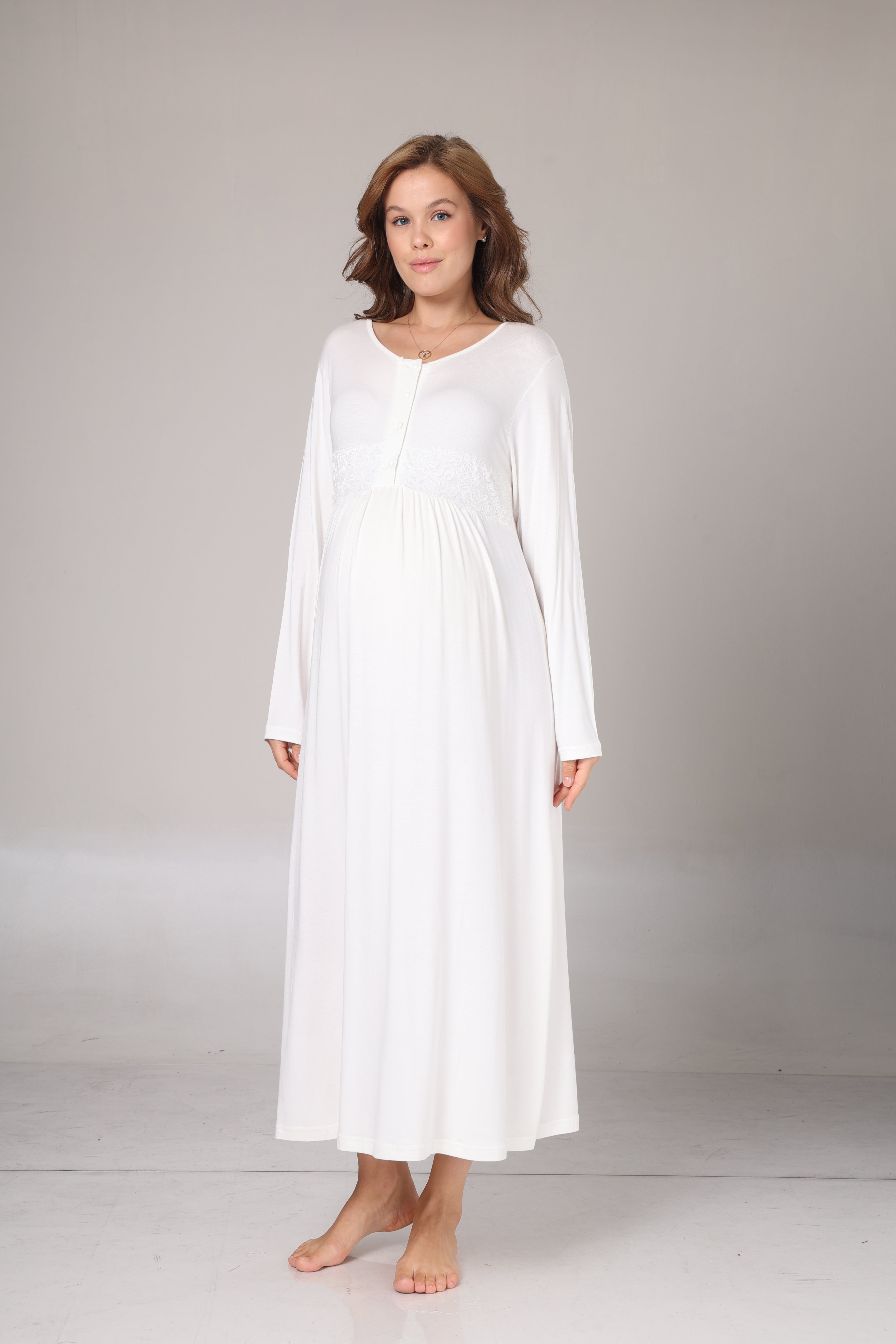 Kışlık Bej Krepon Dokulu Sabahlıklı Lohusa Gecelik Takımı -1018