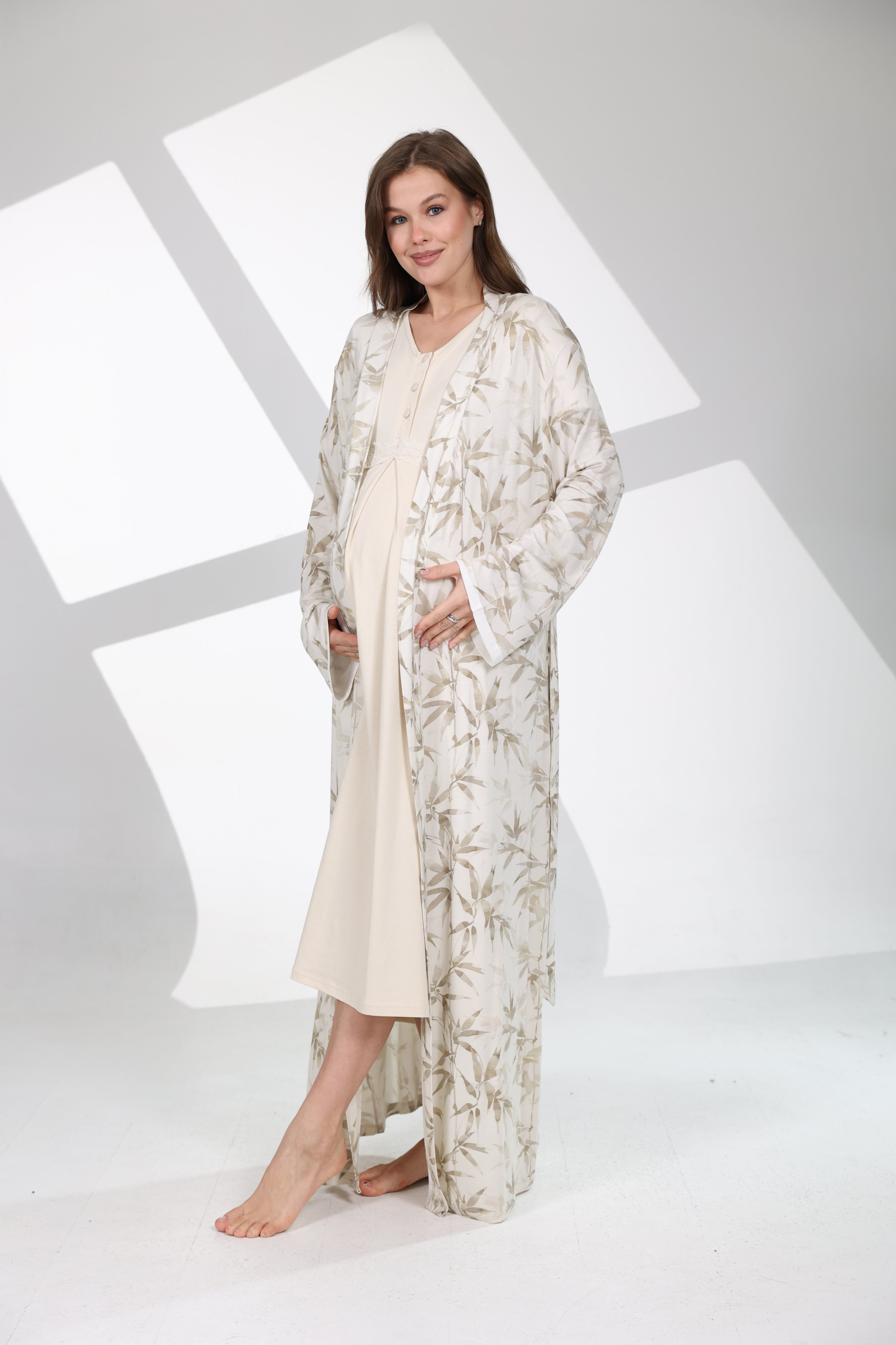 Olive Desen Yumuşak Dokulu Sabahlıklı Lohusa Gecelik Takımı- 701