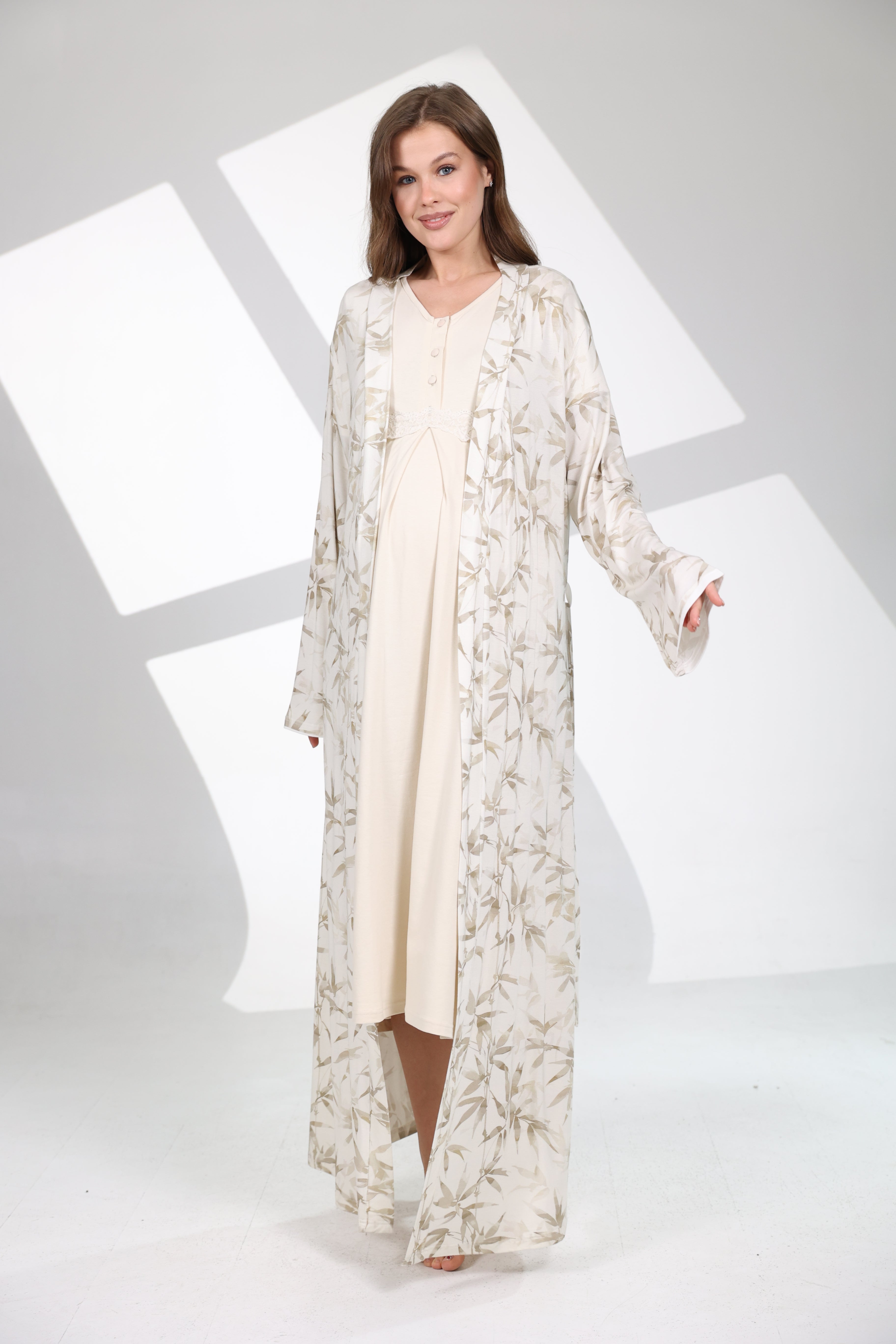 Olive Desen Yumuşak Dokulu Sabahlıklı Lohusa Gecelik Takımı- 701