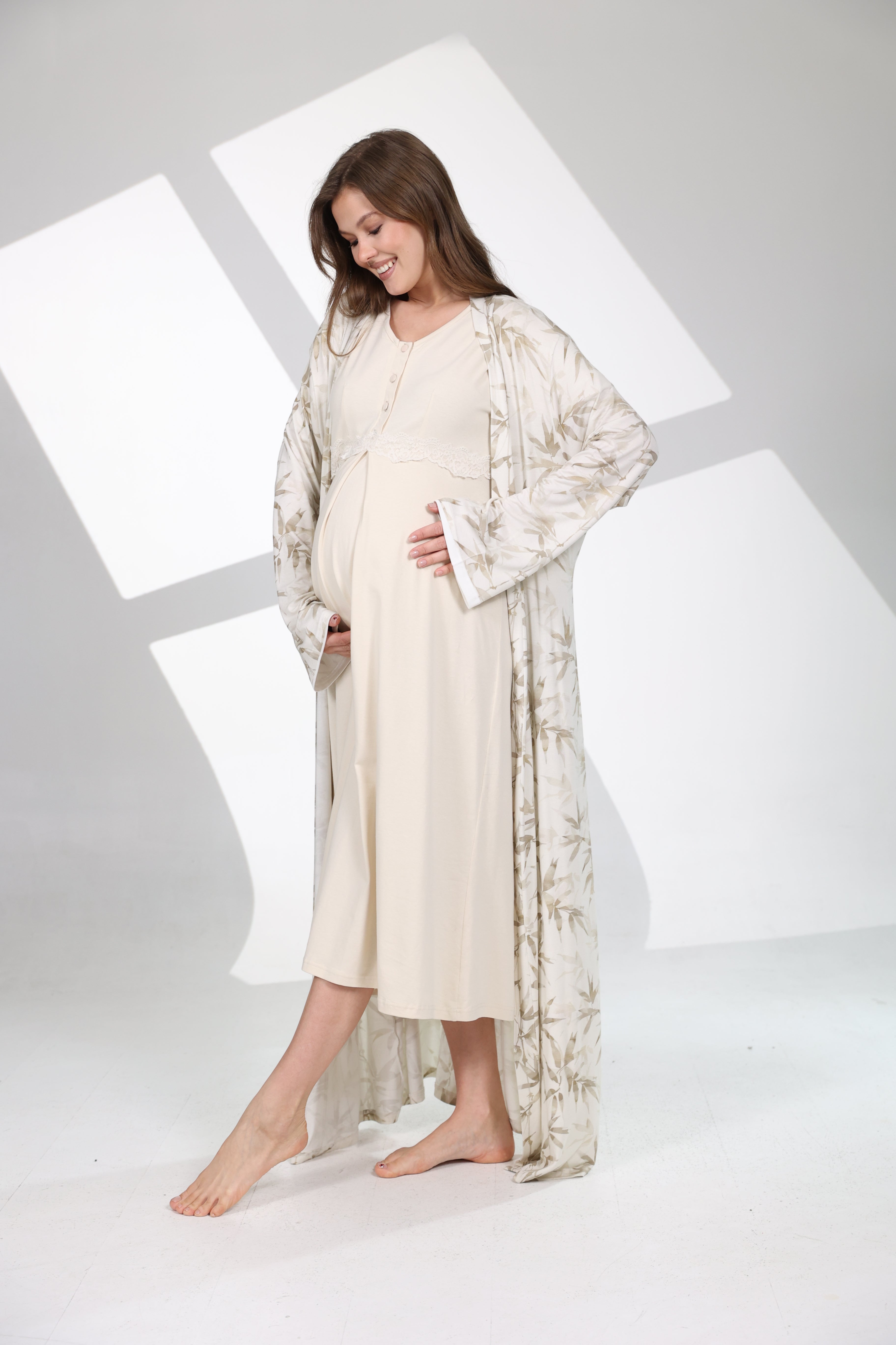 Olive Desen Yumuşak Dokulu Sabahlıklı Lohusa Gecelik Takımı- 701