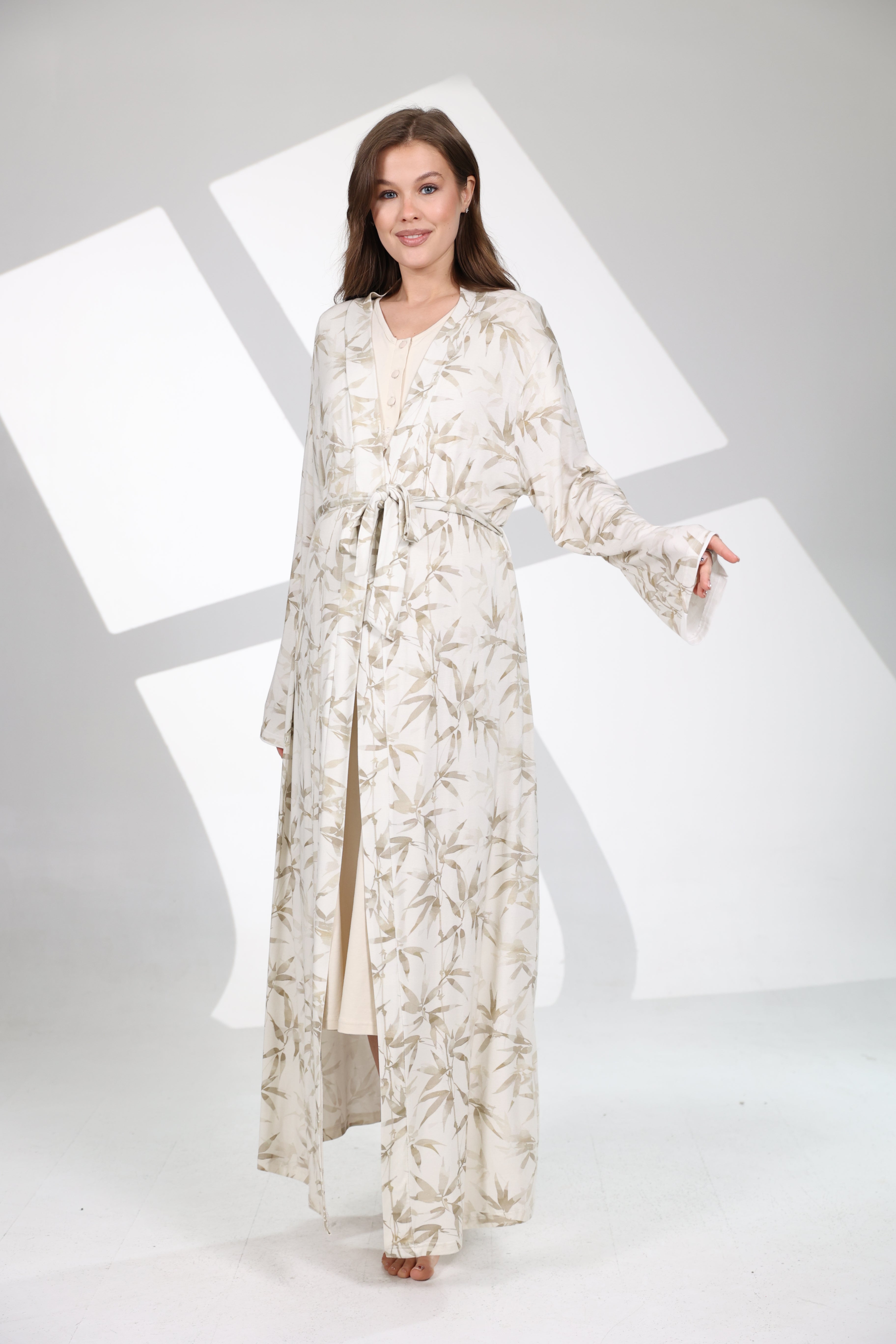 Olive Desen Yumuşak Dokulu Sabahlıklı Lohusa Gecelik Takımı- 701