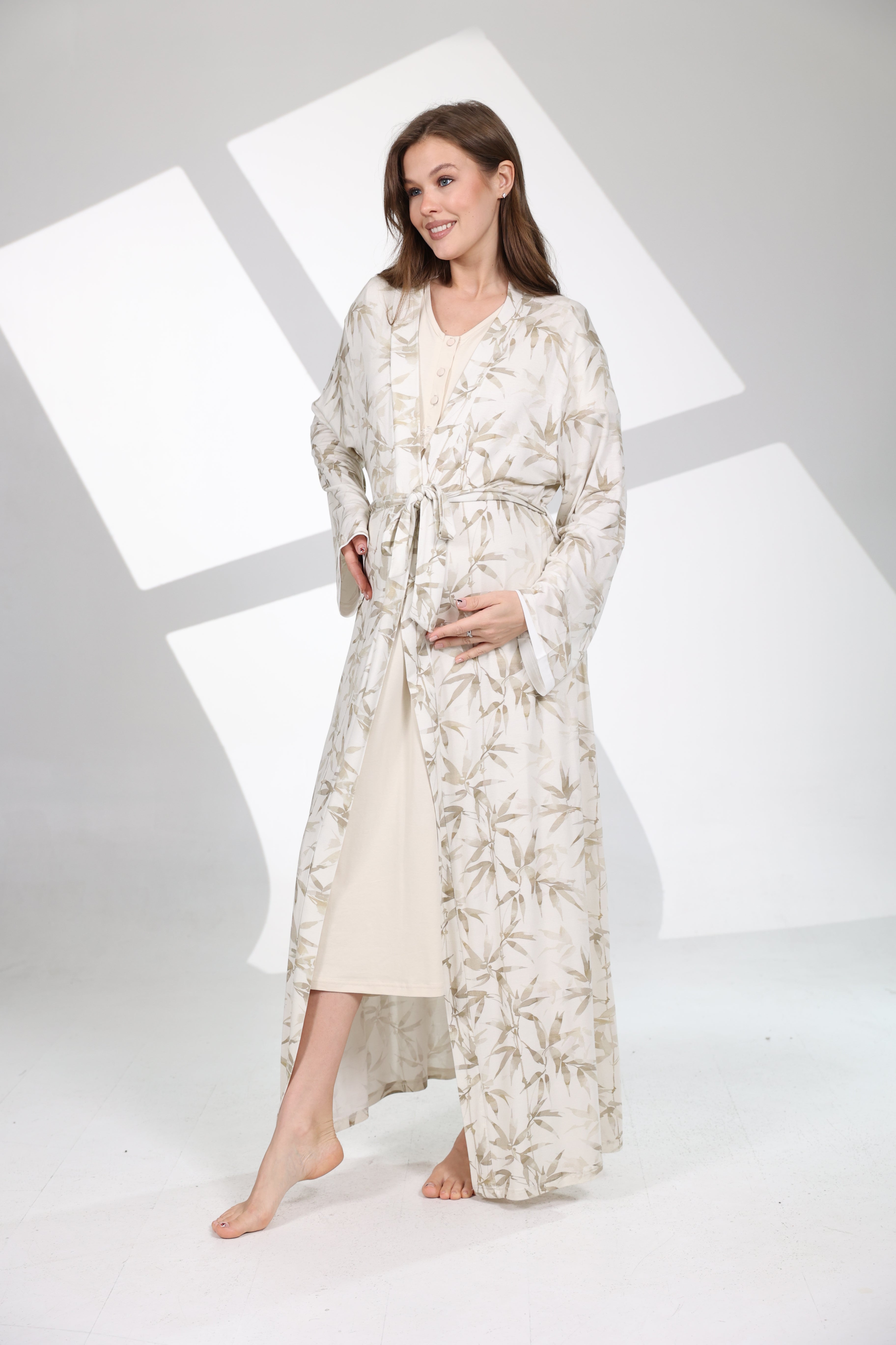 Olive Desen Yumuşak Dokulu Sabahlıklı Lohusa Gecelik Takımı- 701