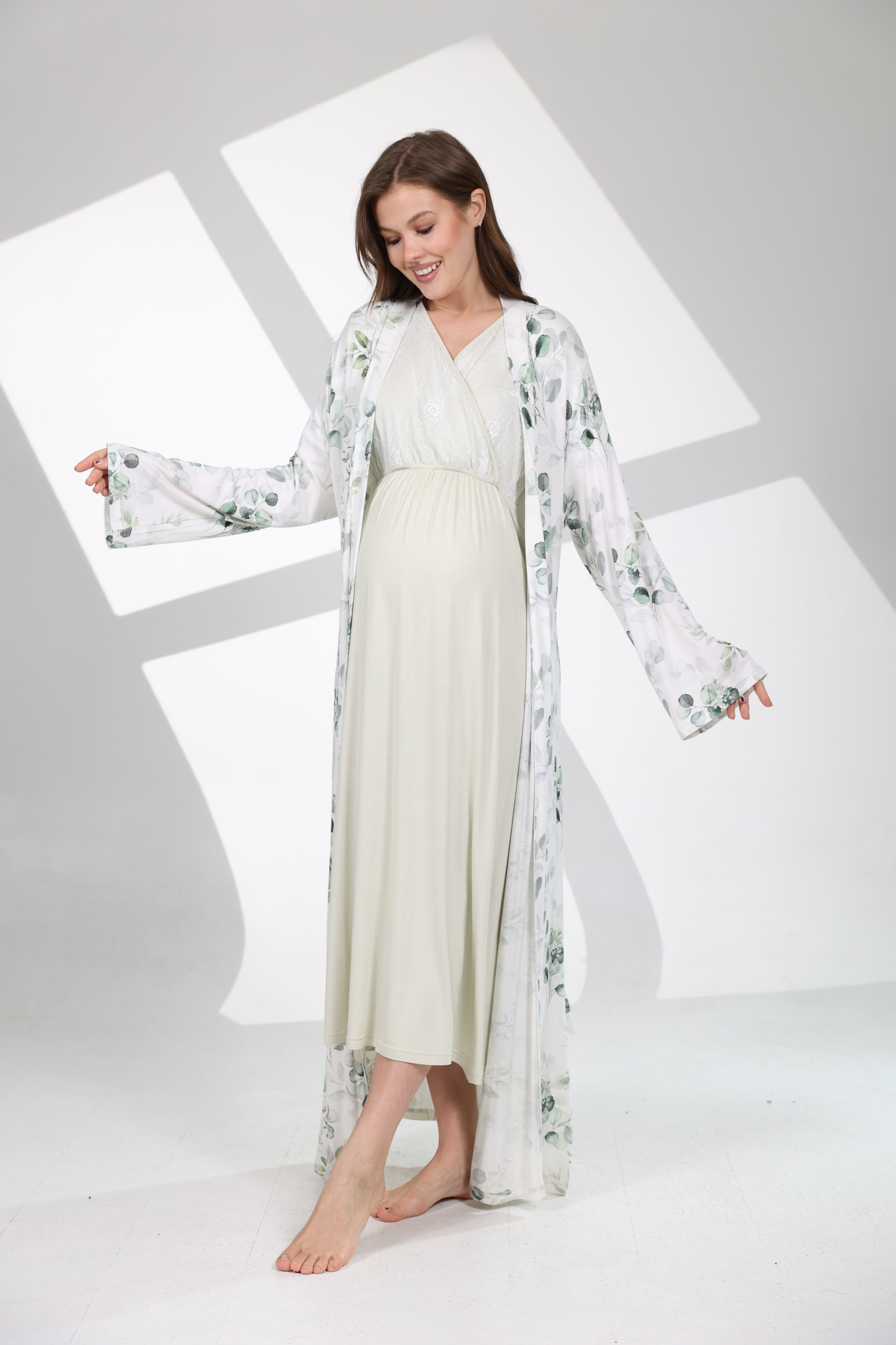 Mevsimlik Yumuşak Dokulu Mint Yeşili Sabahlıklı Lohusa Gecelik Takımı 702