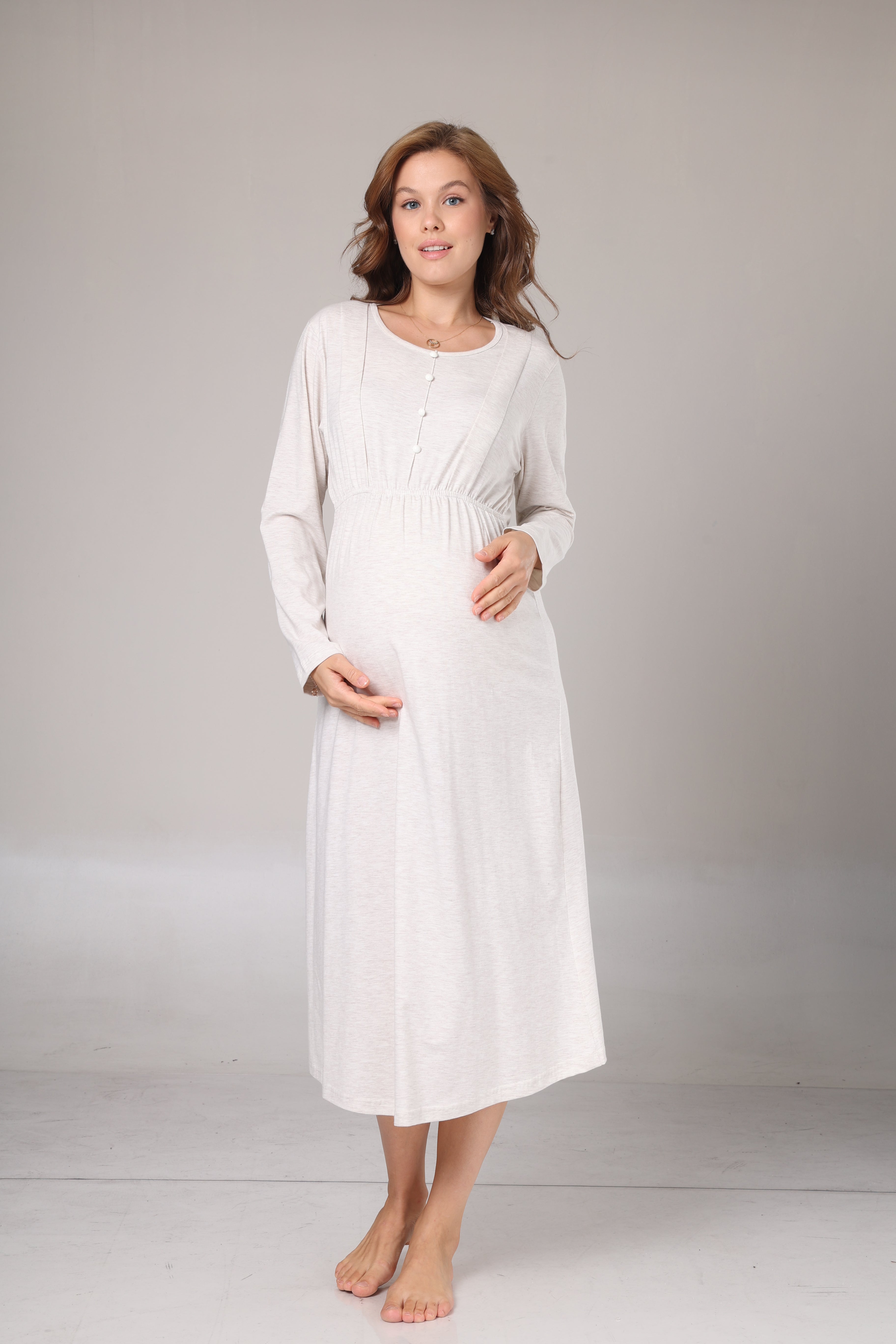 Bej Kışlık Şal Yaka Sabahlıklı Yumuşak Dokulu Lohusa Gecelik Takımı -1020