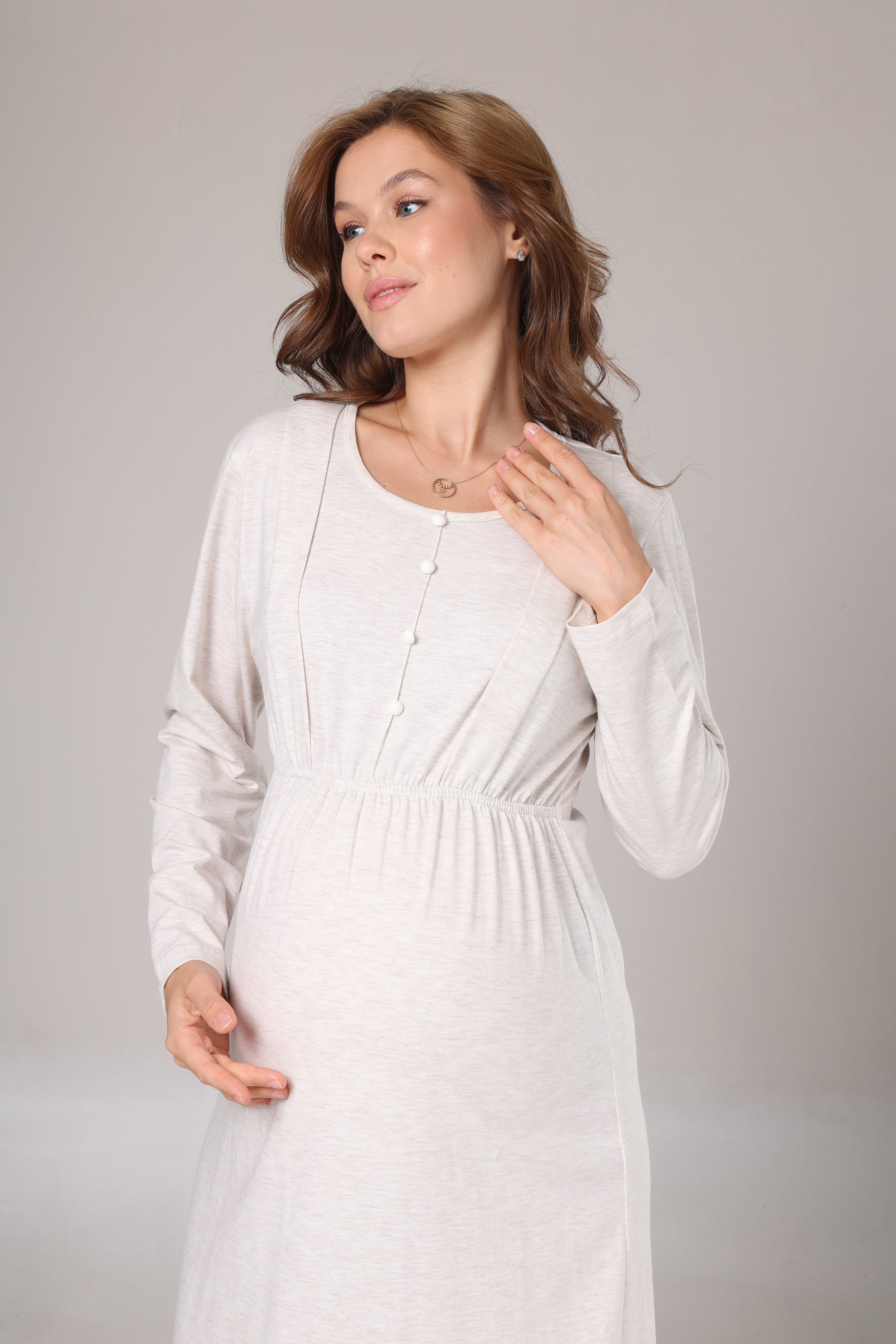 Bej Kışlık Şal Yaka Sabahlıklı Yumuşak Dokulu Lohusa Gecelik Takımı -1020