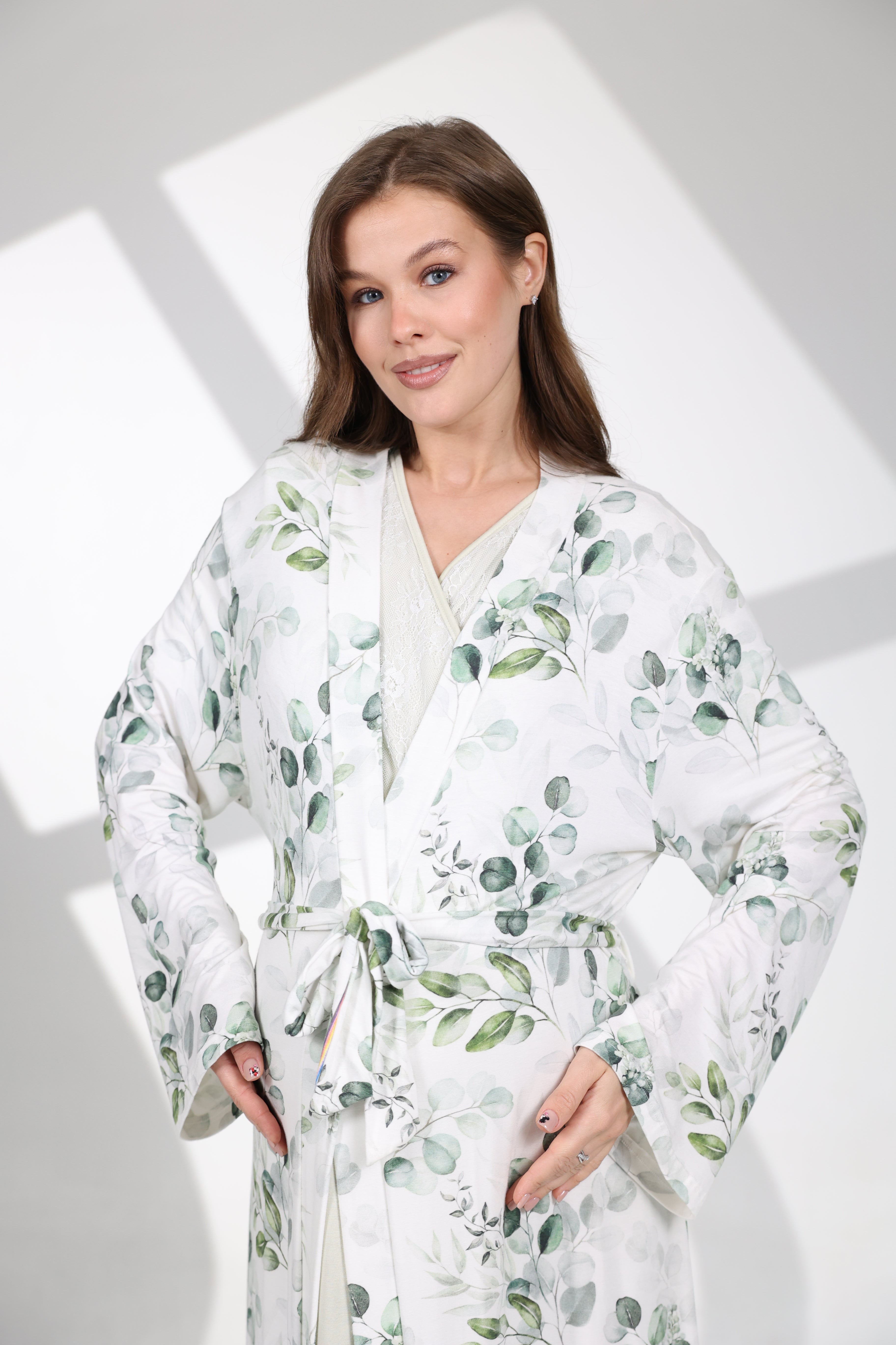 Mevsimlik Yumuşak Dokulu Mint Yeşili Sabahlıklı Lohusa Gecelik Takımı 702