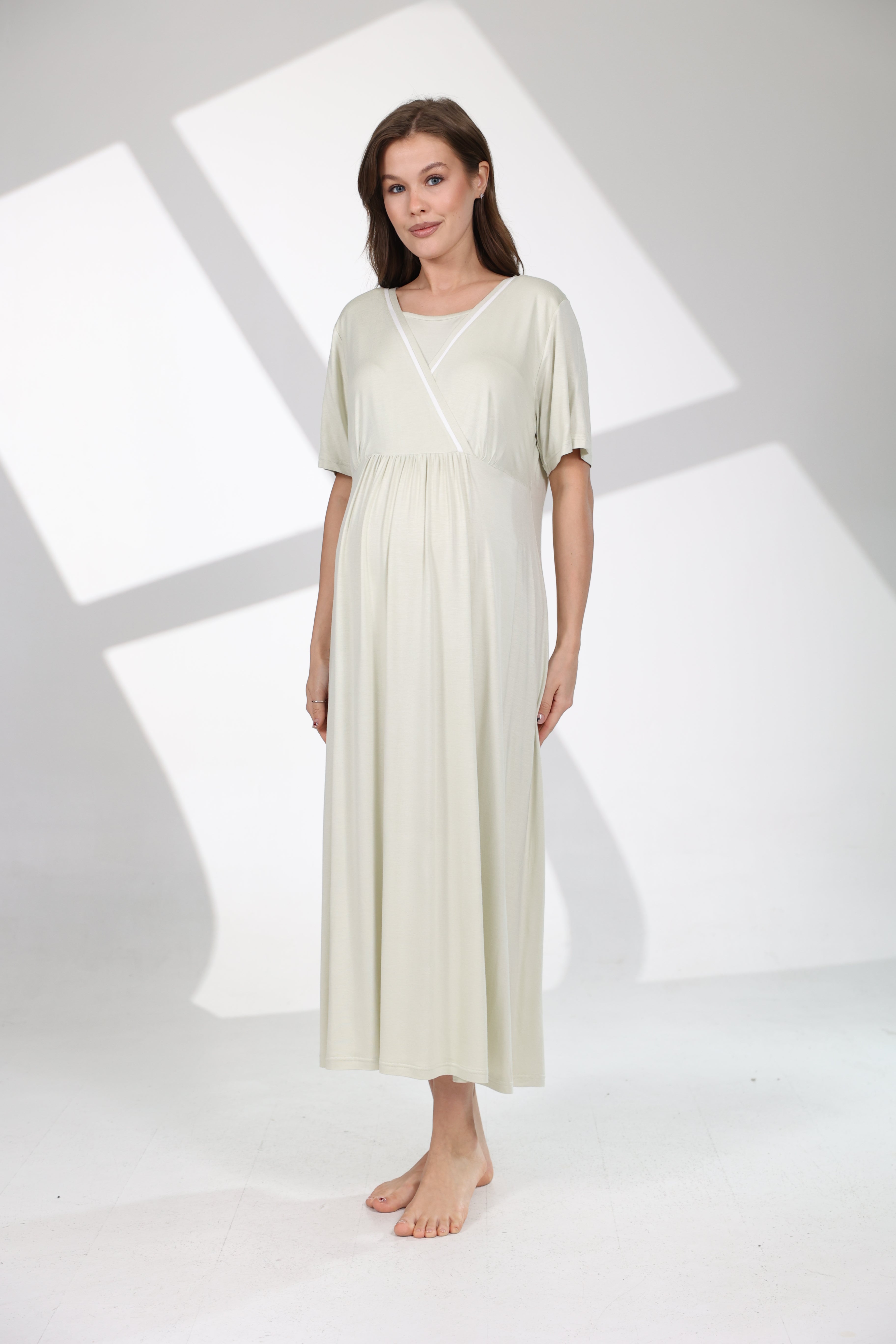 Mint Yeşili Yaz Esintisi Desenli Sabahlıklı Lohusa Gecelik Takımı 704