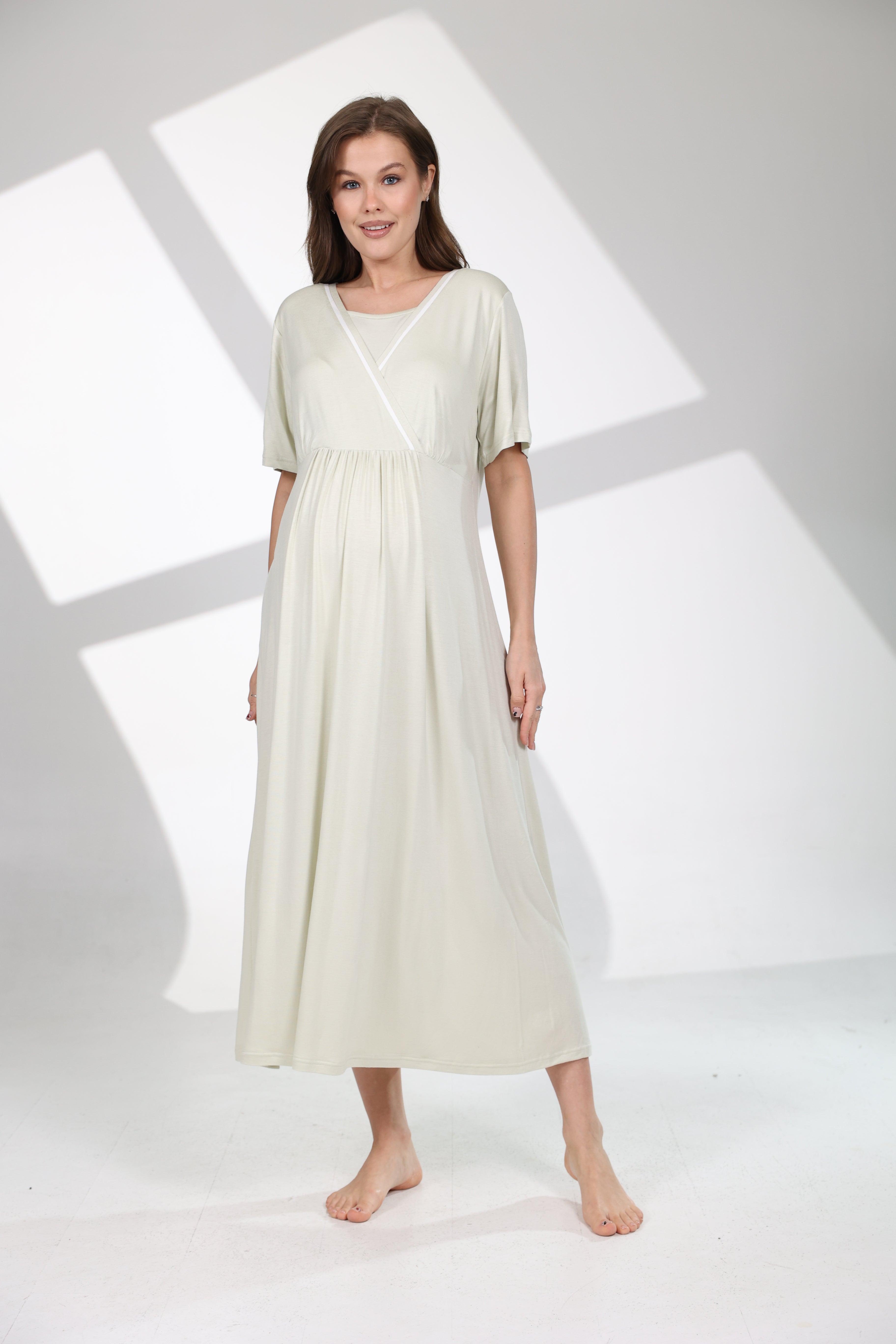 Mint Yeşili Yaz Esintisi Desenli Sabahlıklı Lohusa Gecelik Takımı 704