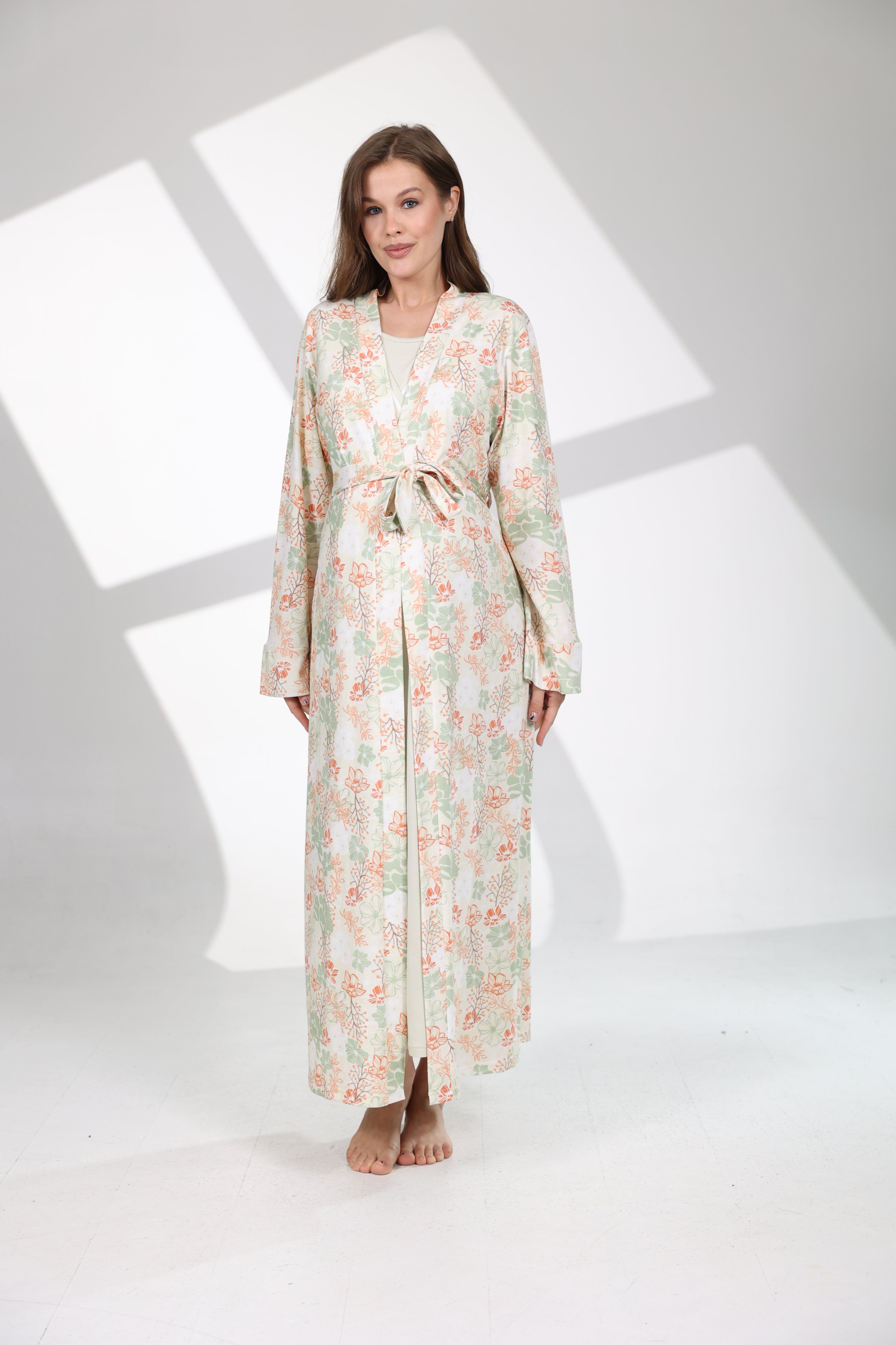 Mint Yeşili Yaz Esintisi Desenli Sabahlıklı Lohusa Gecelik Takımı 704