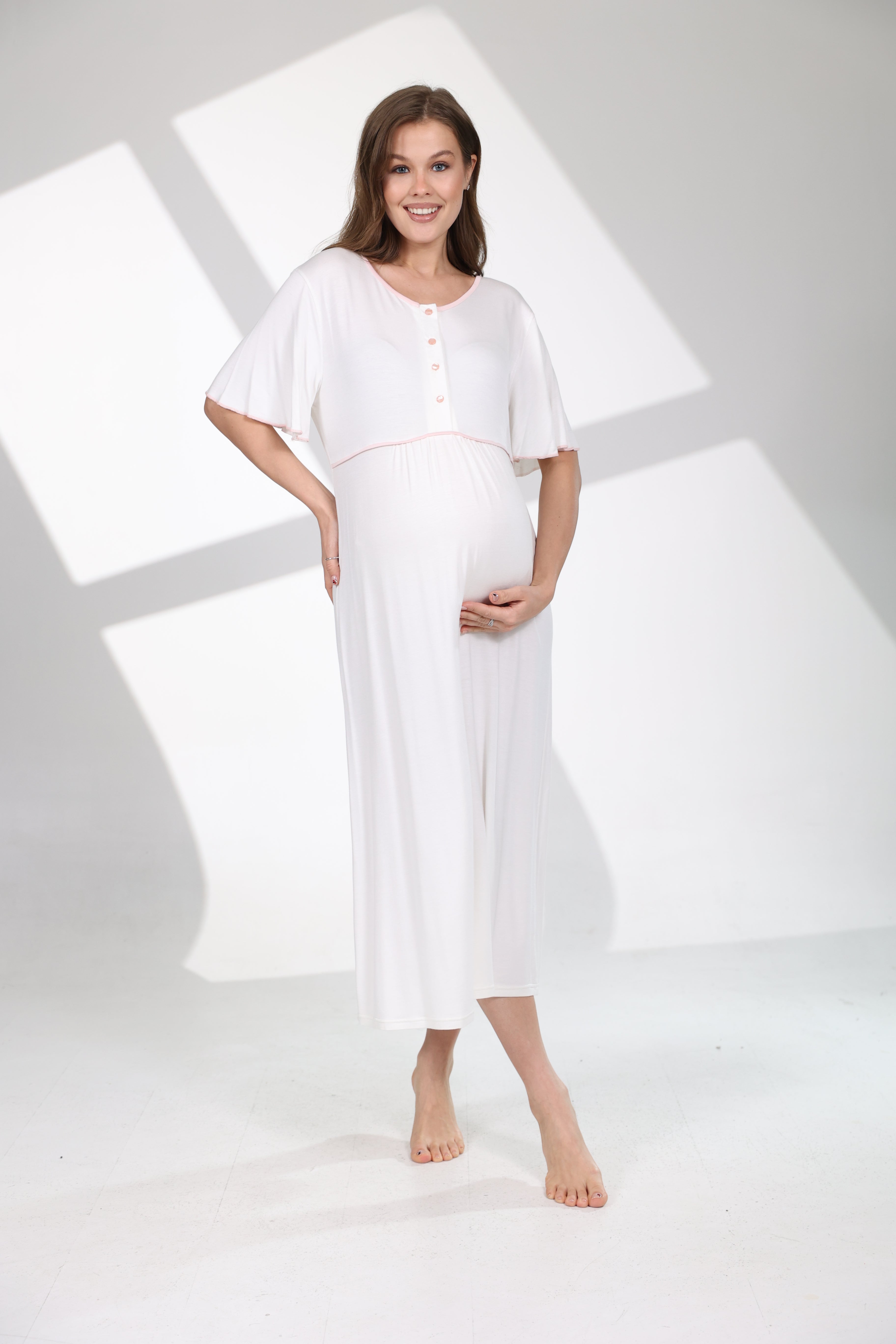 Pembe Kemerli Volan Kollu Sabahlıklı Lohusa Gecelik Takımı 706