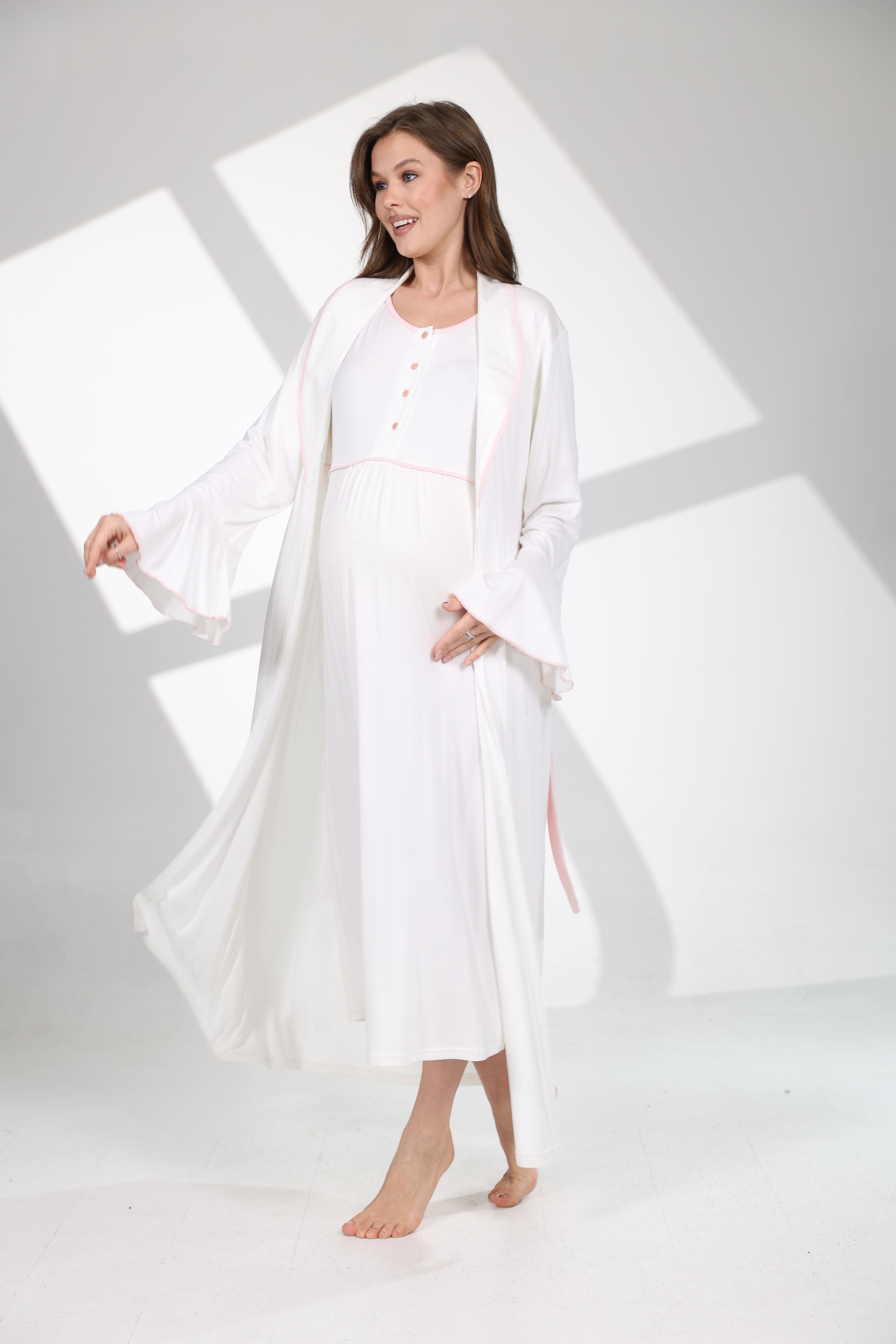 Pembe Kemerli Volan Kollu Sabahlıklı Lohusa Gecelik Takımı 706